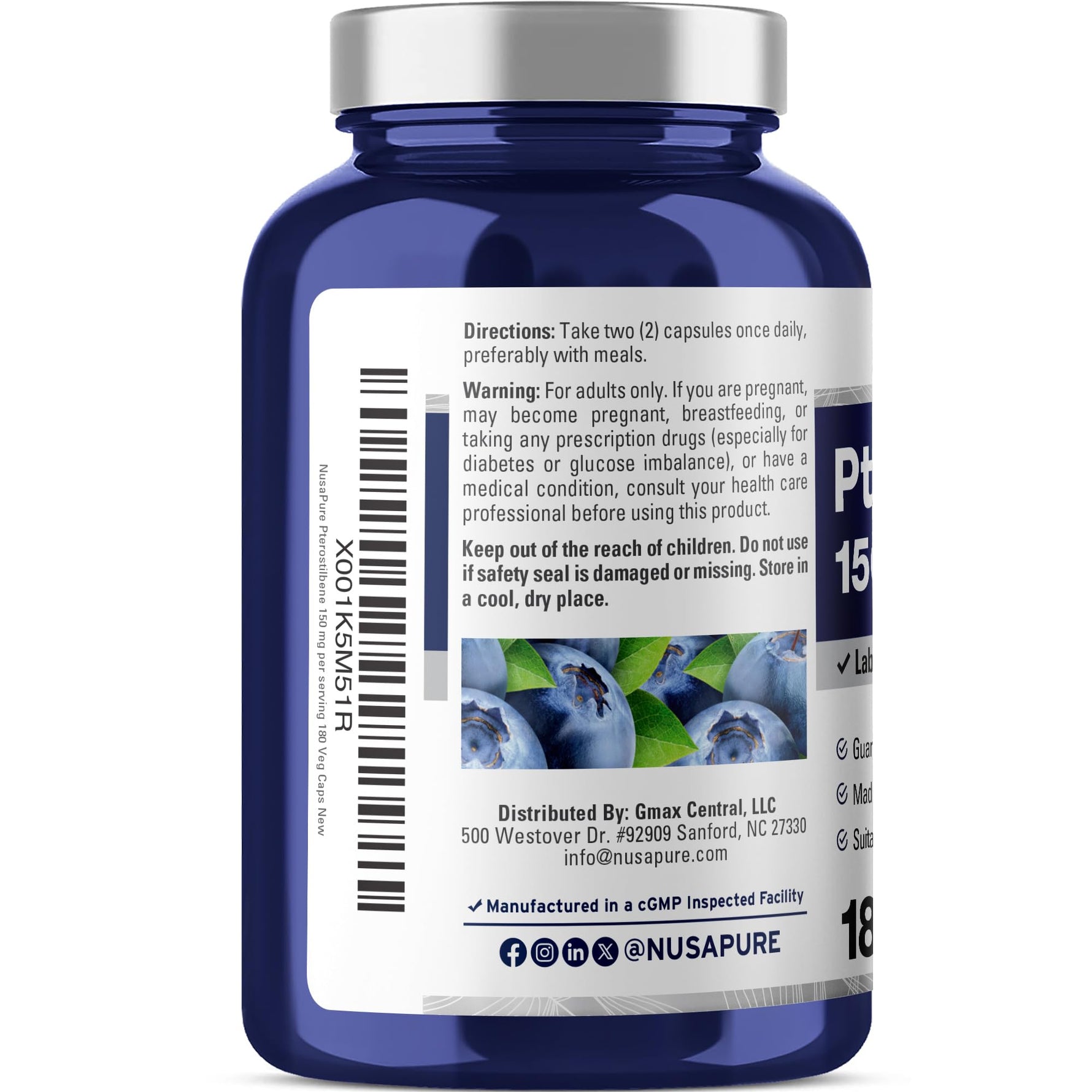 NusaPure Pterostilbene 150mg 180 Veggie Caps (Non-GMO, Vegan)