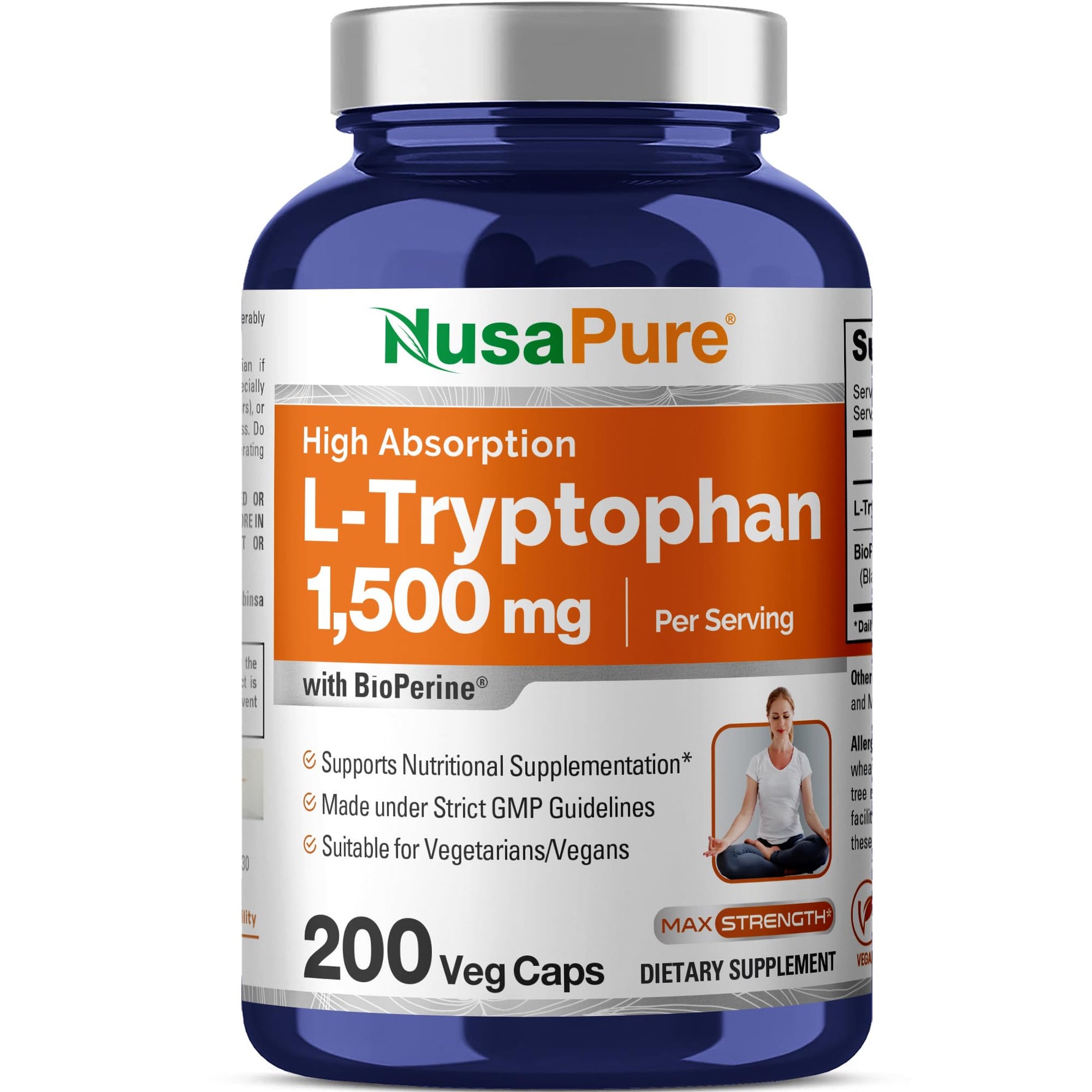 NusaPure L-Tryptophan - Suitable for Vegetarian/Vegan, Non - GMO - 1500mg 200 Capsules