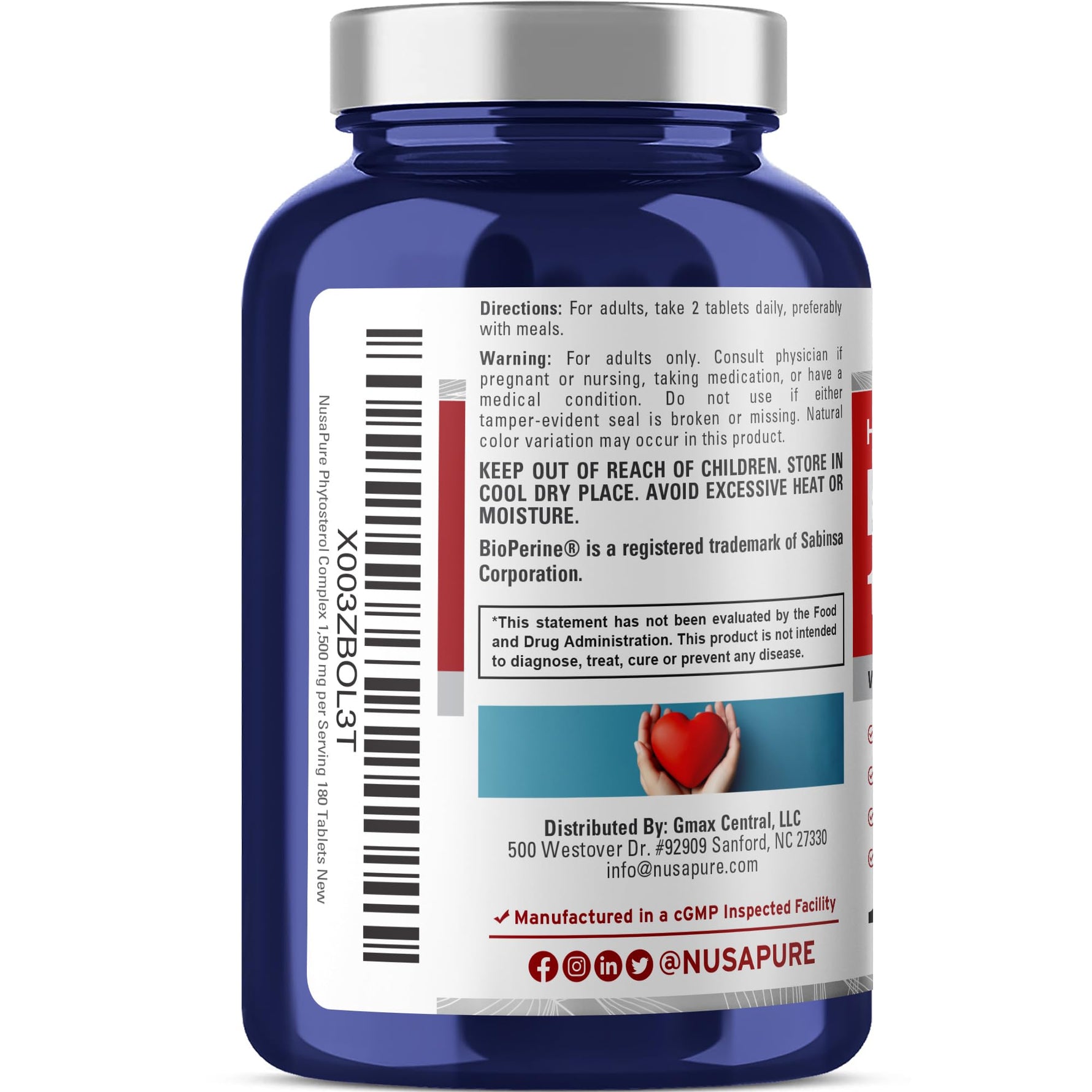 NusaPure Plant Sterols 1500 mg - 180 Tablets (Non-GMO, Vegan) Beta Sitosterol, Bioperine