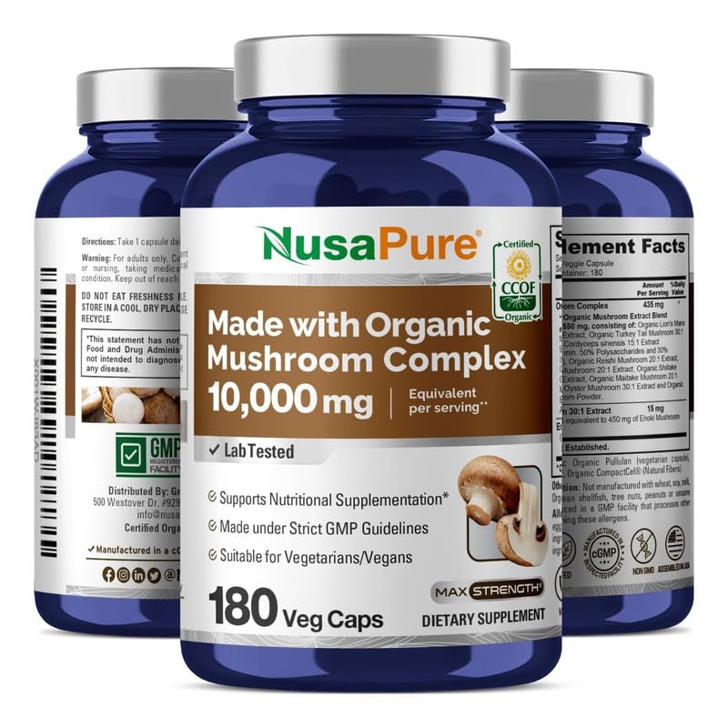 NusaPure Organic Mushroom Complex 450mg per Capsule, 180 Veggie Caps, Non-GMO, Enoki, Turkey Tail, Reishi, Chaga, Maitake
