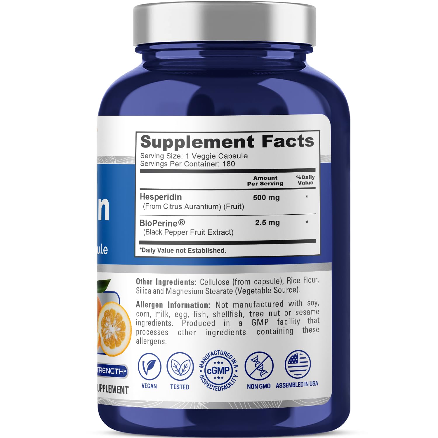 NusaPure Hesperidin 500 mg per Veggie Caps - 180 Capsules (BioPerine, High Absorption, Non-GMO)