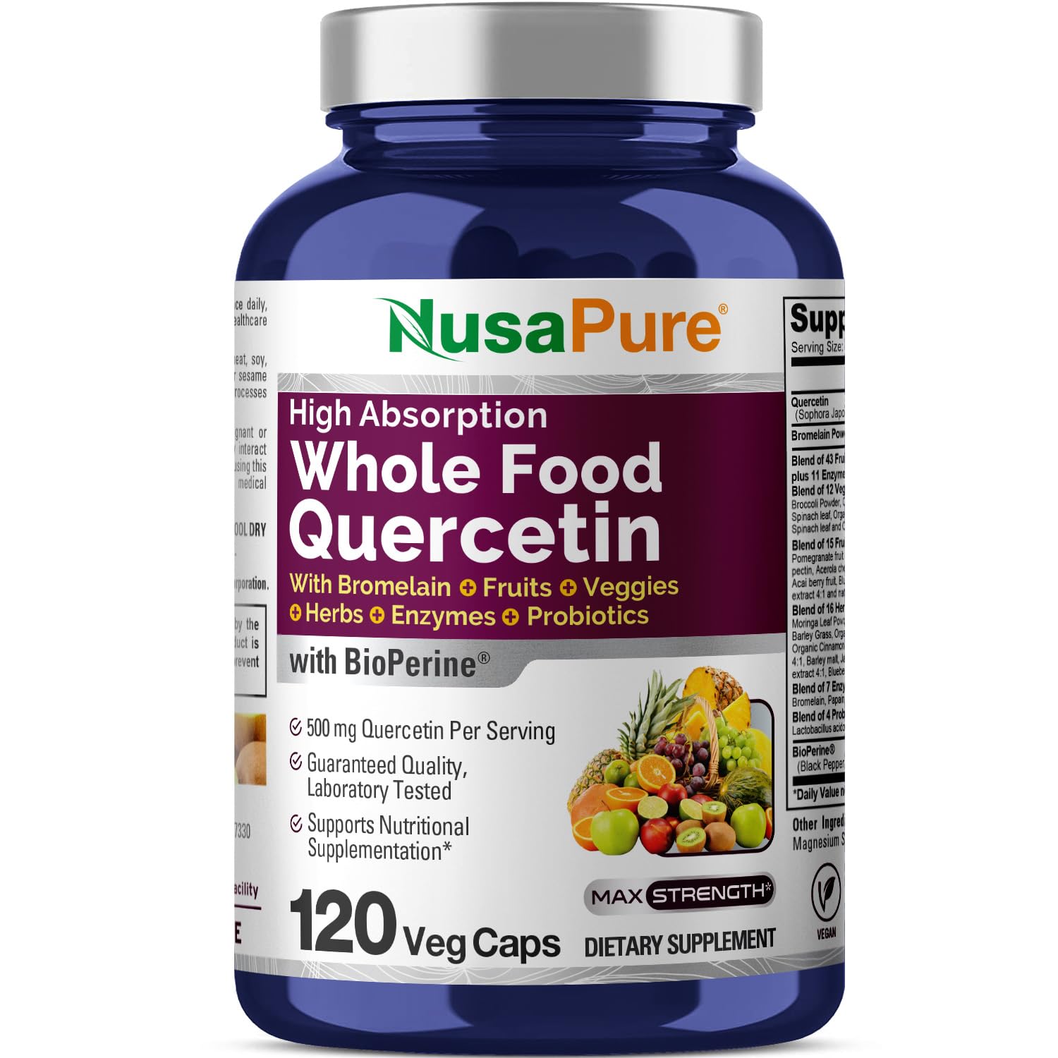 NusaPure Quercetin with Bromelain 500mg |120 Veggie Caps | 43 Fruit Veggie Grain Herbs Enzyme Probiotic Blend | Non-GMO, Vegan, Bioperine