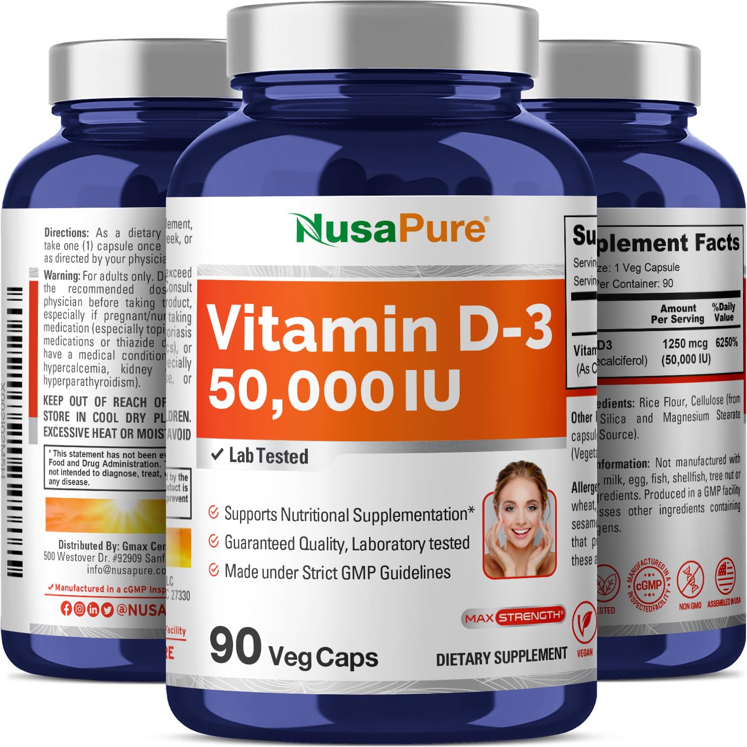 NusaPure Vitamin D3 50,000 IU 90 Vegetarian Capsules (Non-GMO)