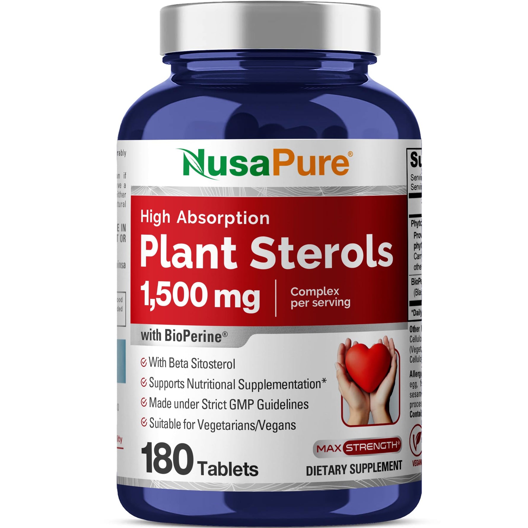 NusaPure Plant Sterols 1500 mg - 180 Tablets (Non-GMO, Vegan) Beta Sitosterol, Bioperine