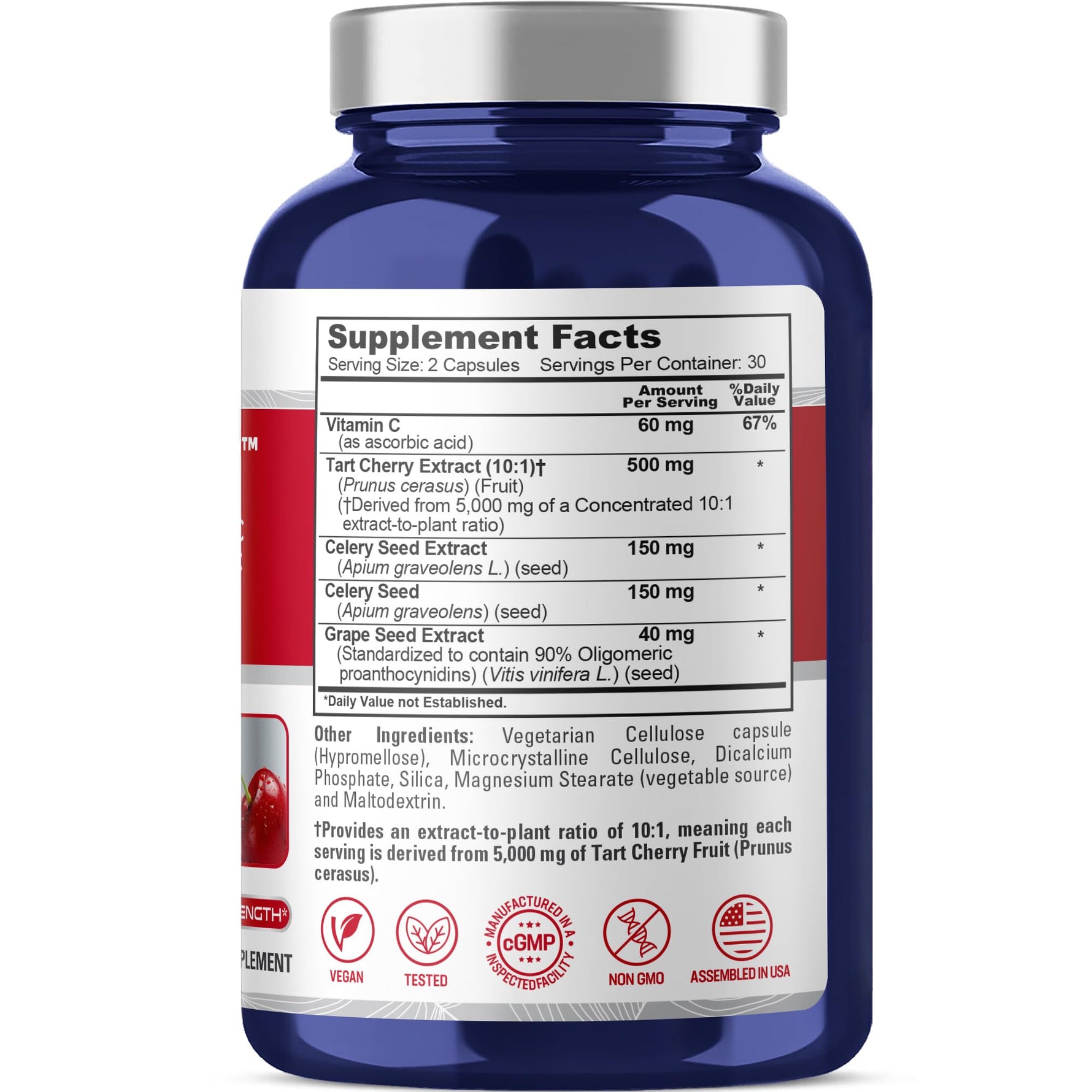 NusaPure CherryClear Tart Cherry 10:1 Extract, 500 mg + Vitamin C + Cherry Seed + Grape Seed 900mg Per Vegan Caps 60 Count