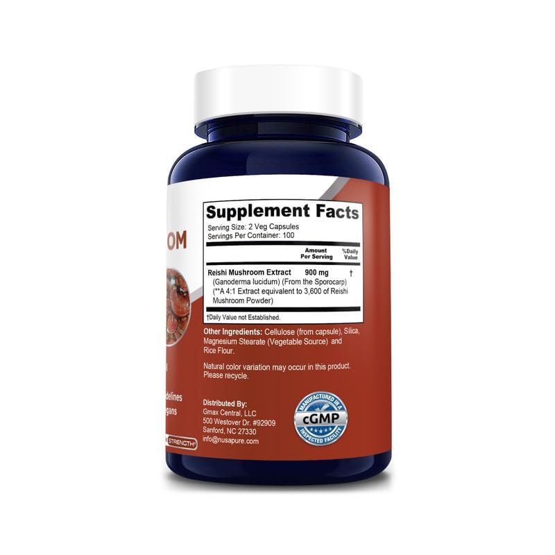 NusaPure Reishi Mushroom 4:1 Extract, 900 mg per Capsule 200 Veggie Caps Vegan, Non-GMO, Gluten-Free