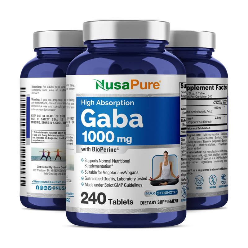 NusaPure GABA - Suitable for Vegetarian/Vegan, Non- GMO - 1000 mg - 240 Tablets