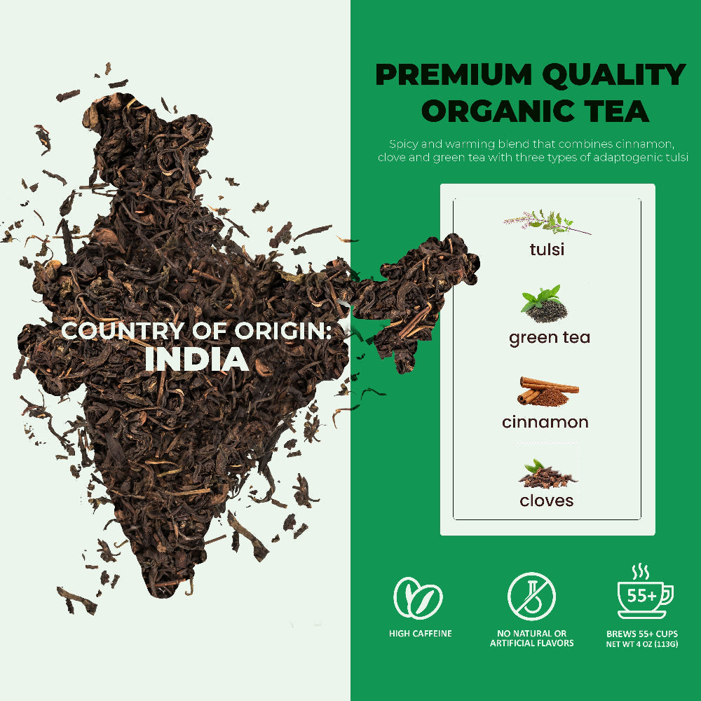 Tulsi Spicy Chai Tea, Energy & Focus - Green Tea - Organic & Kosher