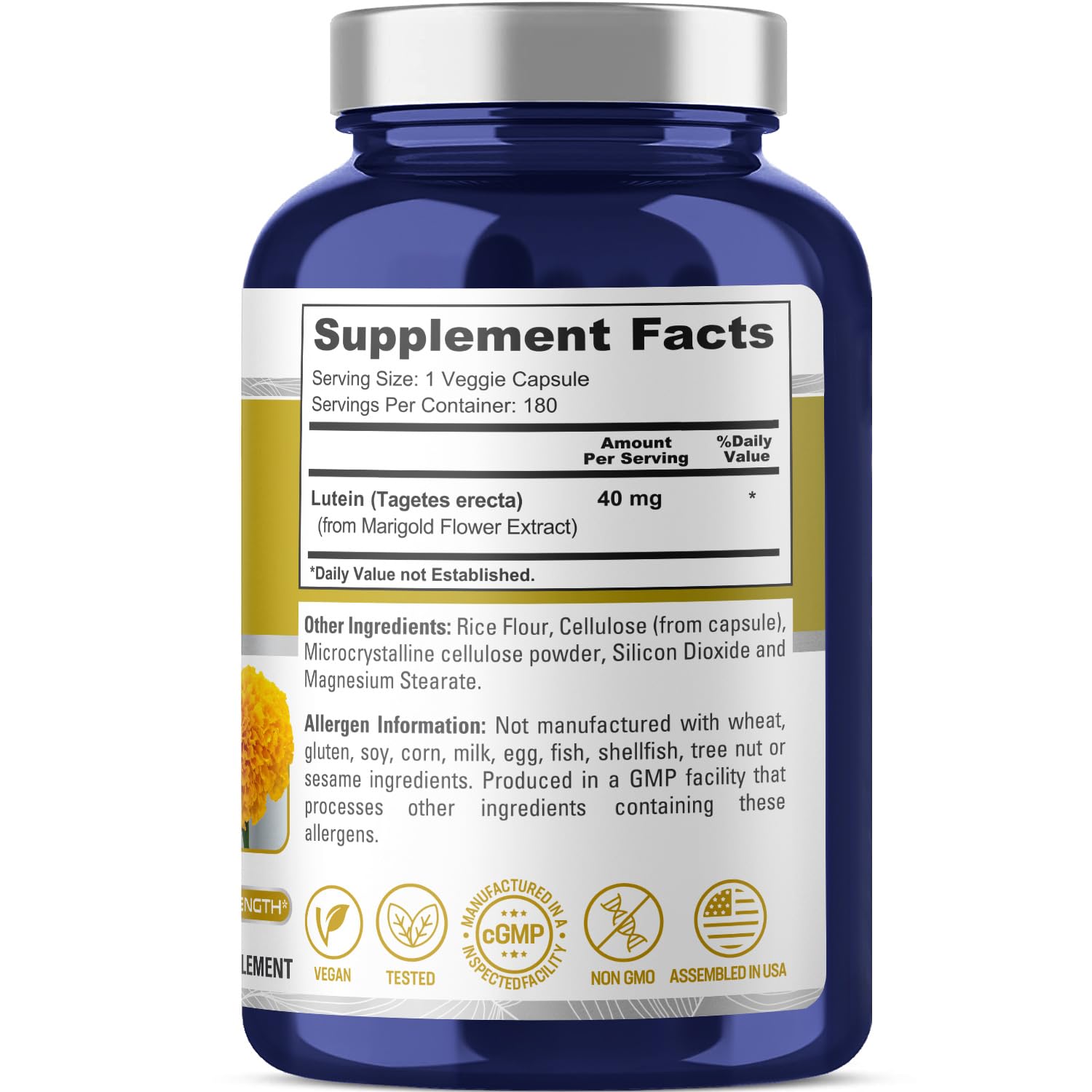 NusasPure Lutein - Suitable for Vegetarian/Vegan, Non - GMO - 40 mg - 180 Capsules