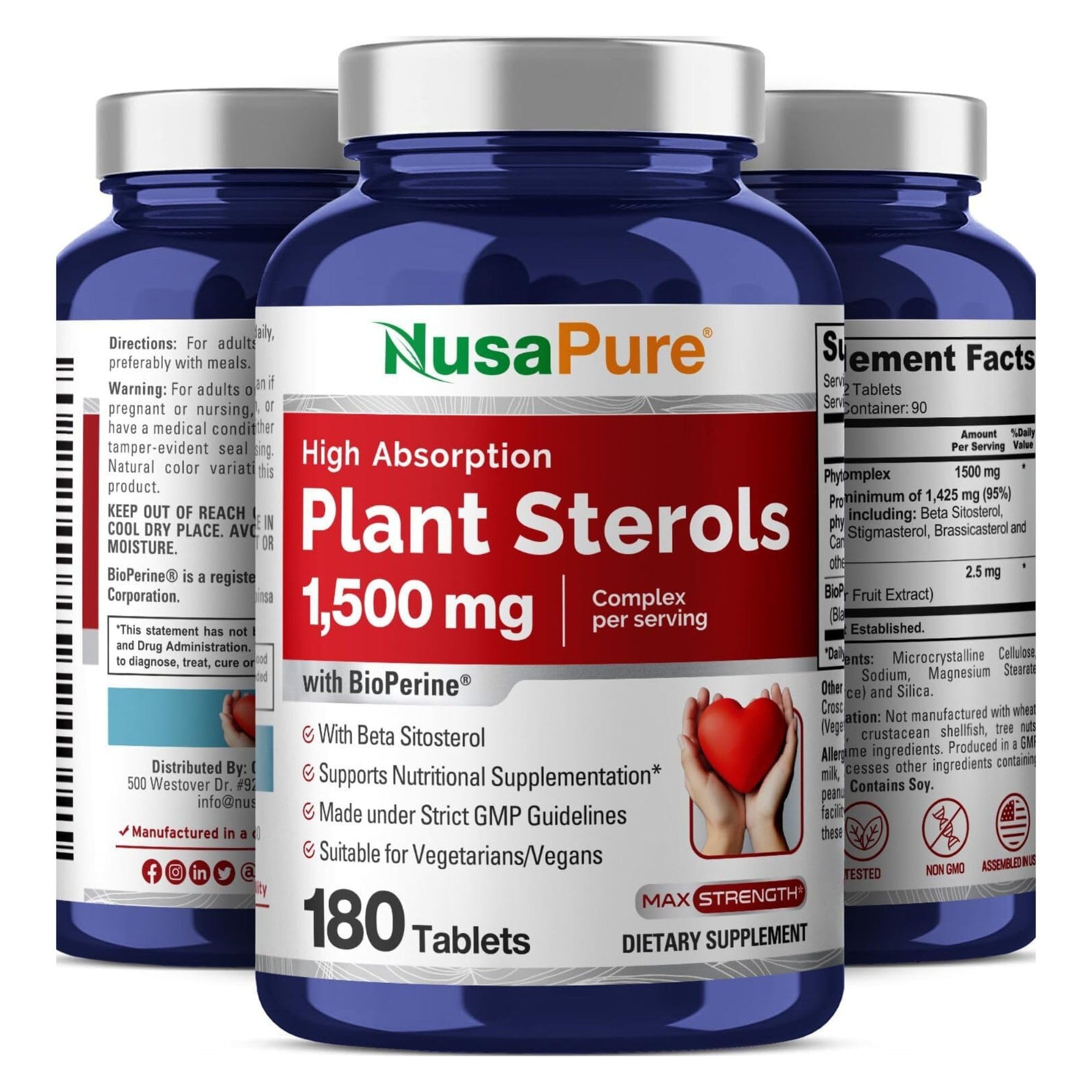 NusaPure Plant Sterols 1500 mg - 180 Tablets (Non-GMO, Vegan) Beta Sitosterol, Bioperine
