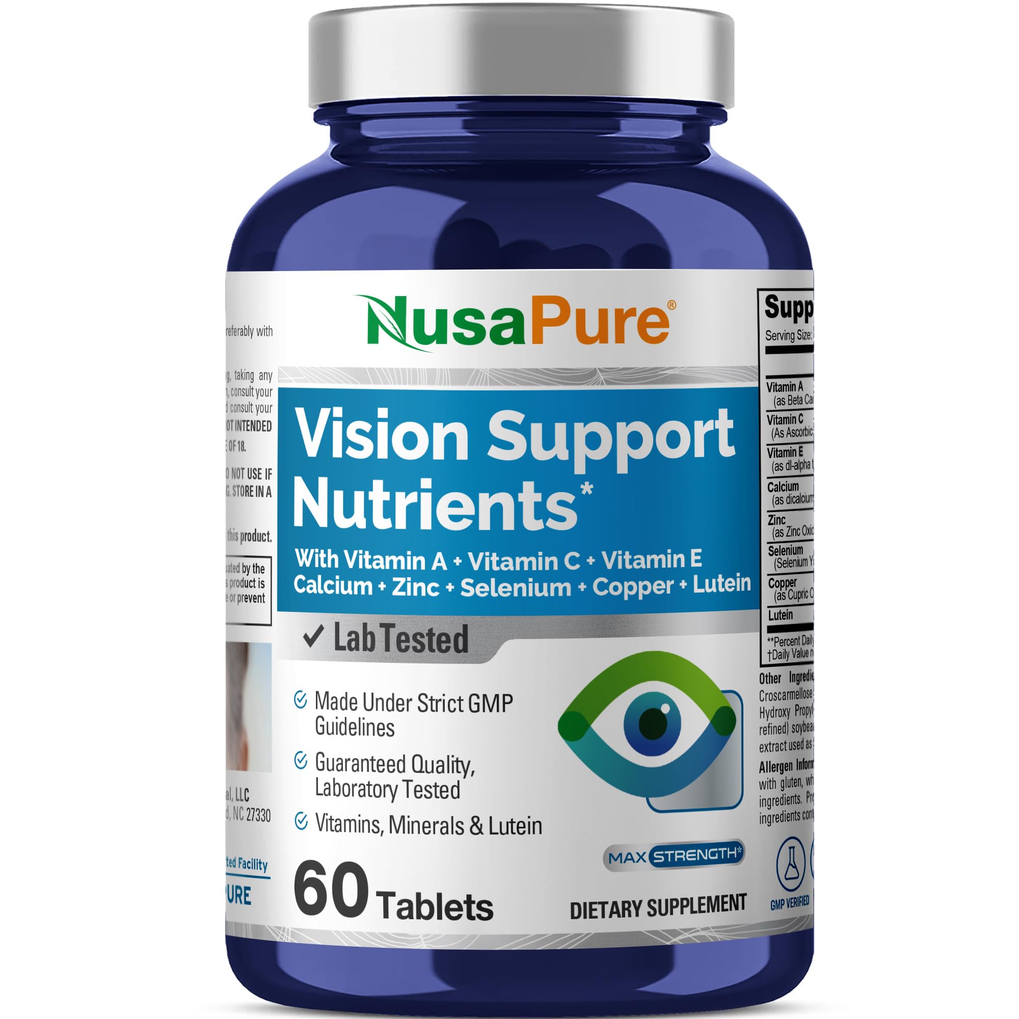 NusaPure Vision Support Nutrients with Vitamin A, C, E, Calcium, Zinc, Selenium, Copper, Lutein 60 Tablets Non-GMO Dietary Supplement