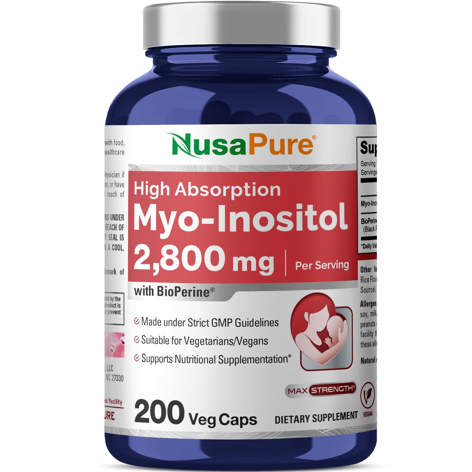 NusaPure Myo-Inositol - Suitable for Vegetarian/Vegan, Non - GMO - 2800mg, 200 Capsules