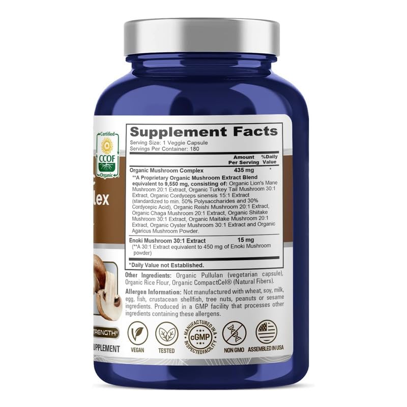 NusaPure Organic Mushroom Complex 450mg per Capsule, 180 Veggie Caps, Non-GMO, Enoki, Turkey Tail, Reishi, Chaga, Maitake
