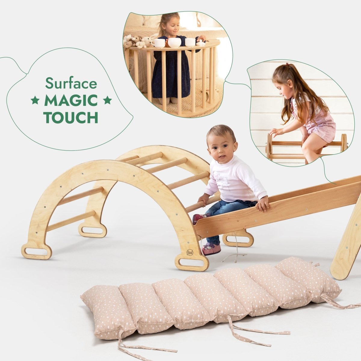 5in1 Montessori Climbing Set: Triangle Ladder + Arch/Rocker + Slide Board/Ramp + Netting rope + Cushion