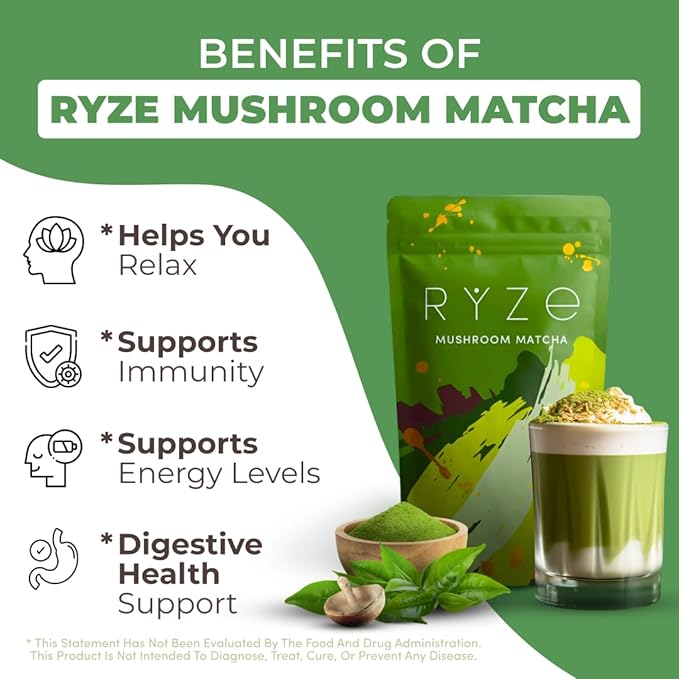 RYZE Superfoods Mushroom Matcha Starter Kit – USDA Organic Ceremonial Grade Matcha with 6 Adaptogenic Mushrooms, Energy, Focus & Immune Support, 30 Servings