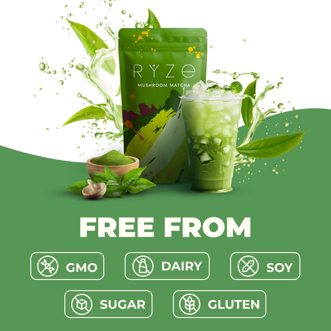 RYZE Superfoods Mushroom Matcha Starter Kit – USDA Organic Ceremonial Grade Matcha with 6 Adaptogenic Mushrooms, Energy, Focus & Immune Support, 30 Servings
