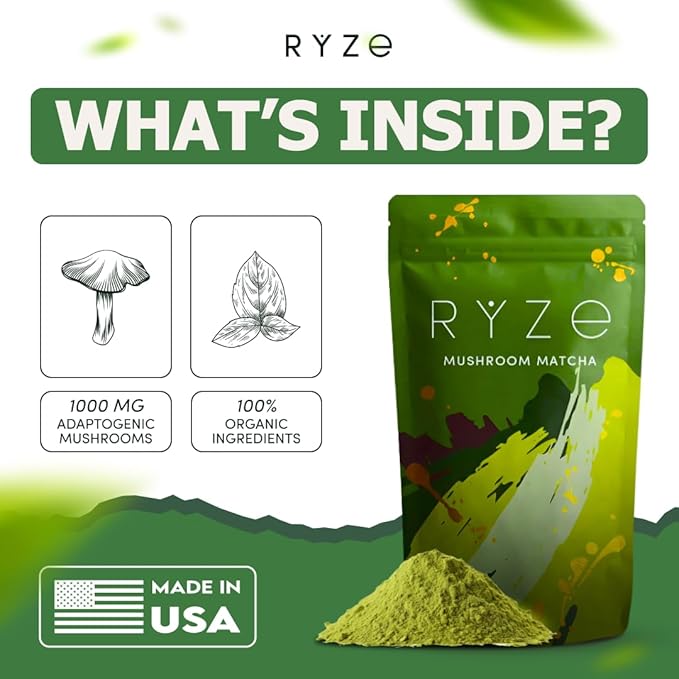 RYZE Superfoods Mushroom Matcha Starter Kit – USDA Organic Ceremonial Grade Matcha with 6 Adaptogenic Mushrooms, Energy, Focus & Immune Support, 30 Servings