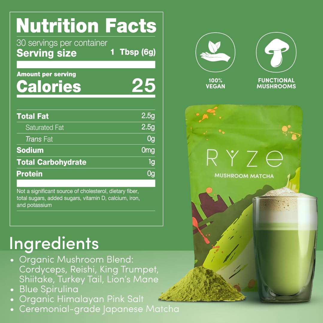 RYZE Superfoods Mushroom Matcha Starter Kit – USDA Organic Ceremonial Grade Matcha with 6 Adaptogenic Mushrooms, Energy, Focus & Immune Support, 30 Servings