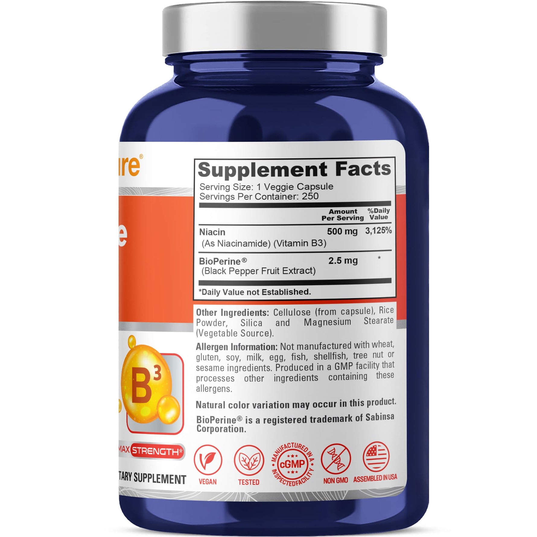 NusaPure FUSH Free Niacin - Suitable for Vegetarian/Vegan, Non - GMO - 500 mg - 250 Capsules