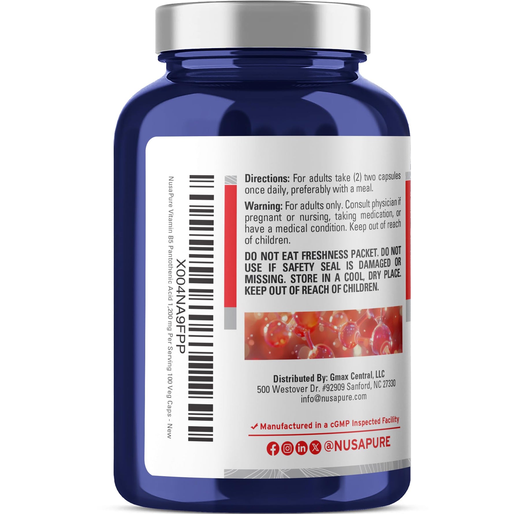 NusaPure Vitamin B5 Pantothenic Acid 1,200mg Per Serving 100 Caps Vegetarians Vegans, Non-GMO Dietary Supplement