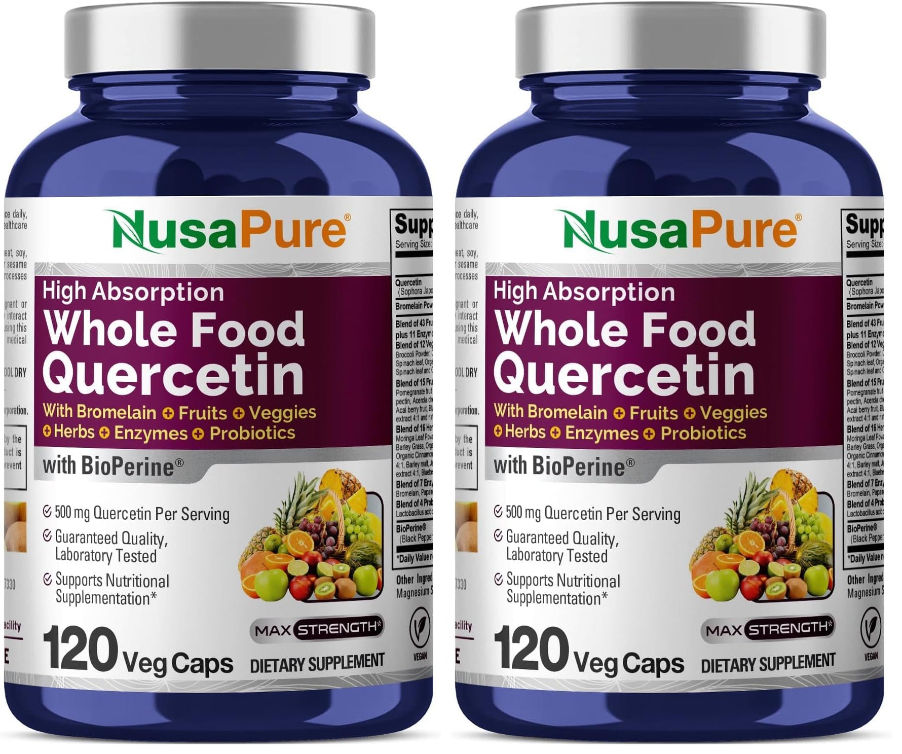 NusaPure Quercetin with Bromelain 500mg |120 Veggie Caps | 43 Fruit Veggie Grain Herbs Enzyme Probiotic Blend | Non-GMO, Vegan, Bioperine