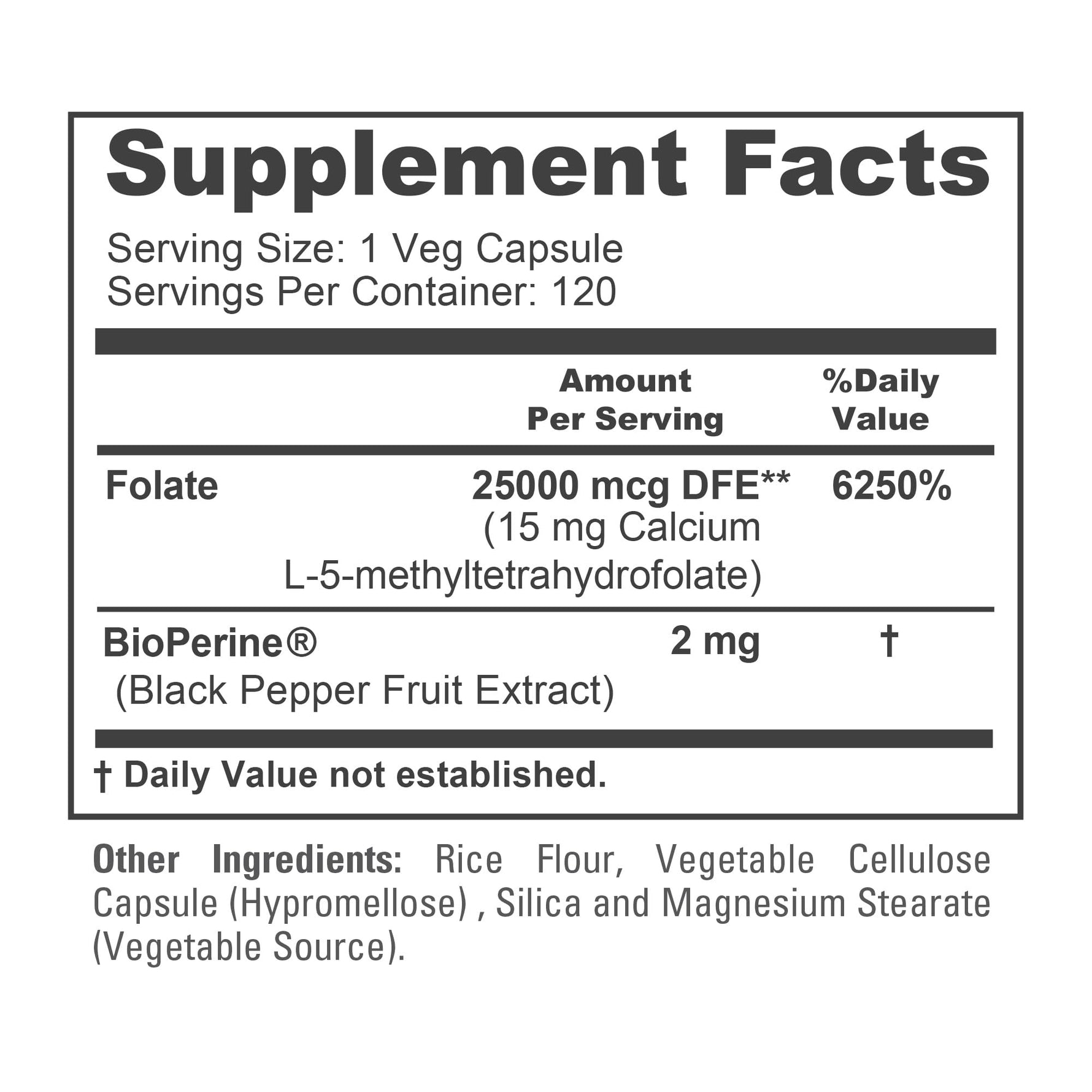 NusaPure L Methylfolate 15mg, 120 Veggie Capsules, Bioperine & Vegan
