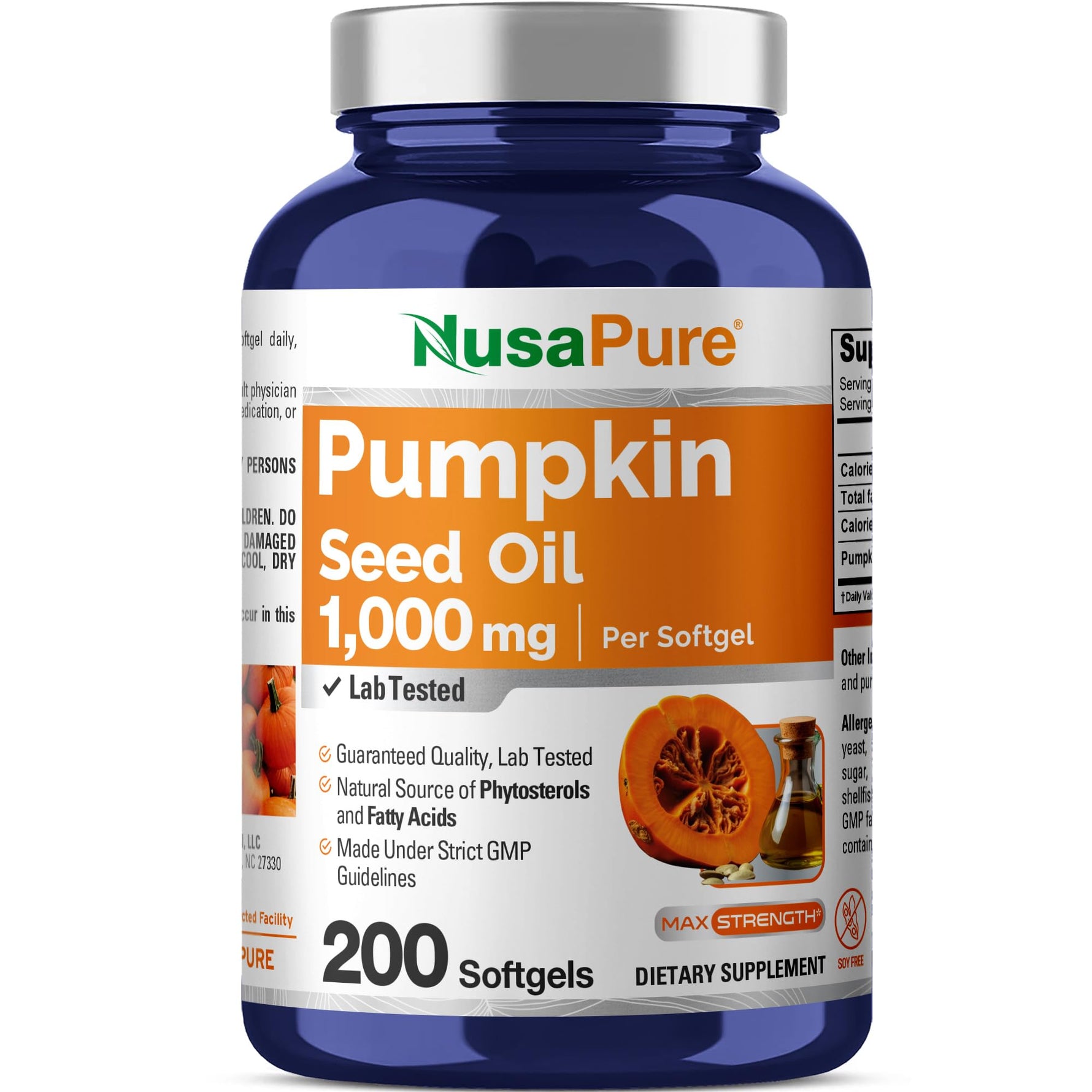 NusaPure Pumpkin Seed Oil 1000mg 200 Softgel Capsules (Non-GMO, Soyfree) Naturally Occurring Phytosterols
