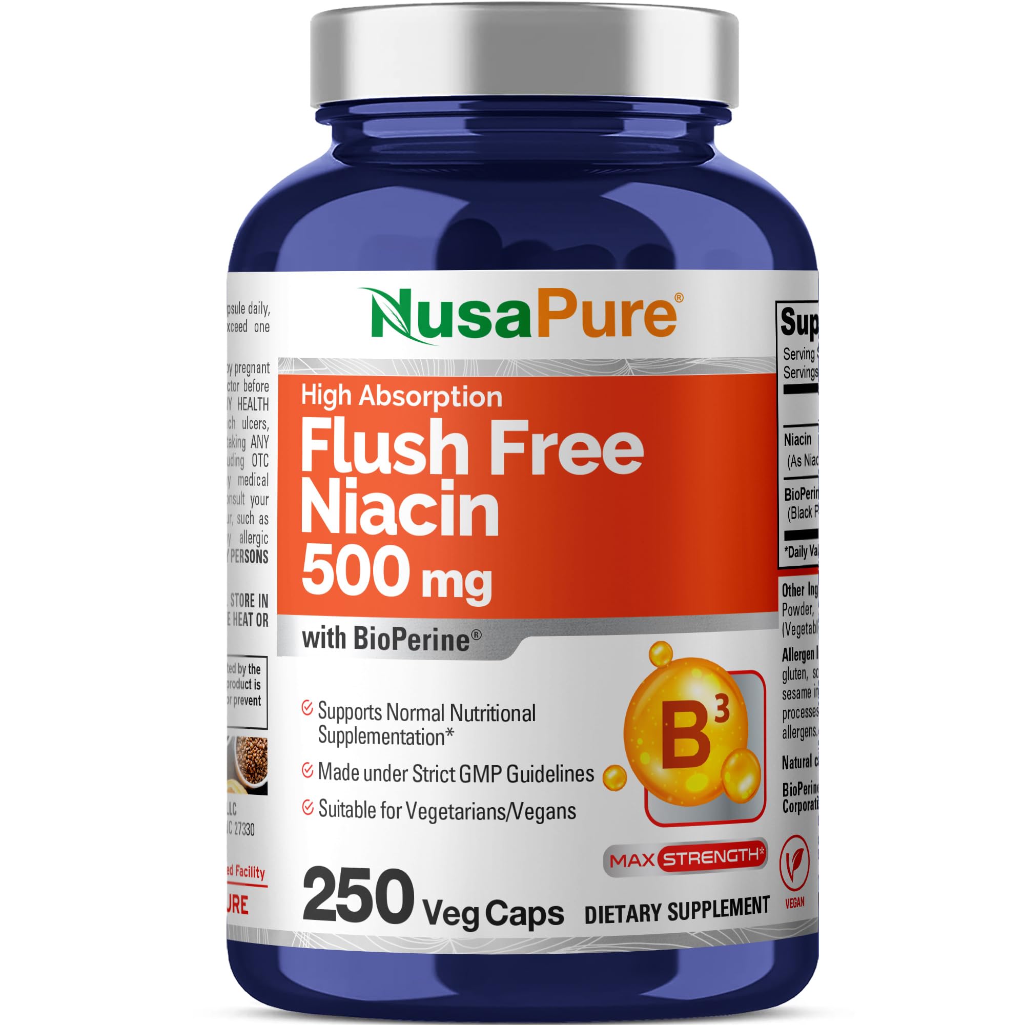 NusaPure FUSH Free Niacin - Suitable for Vegetarian/Vegan, Non - GMO - 500 mg - 250 Capsules
