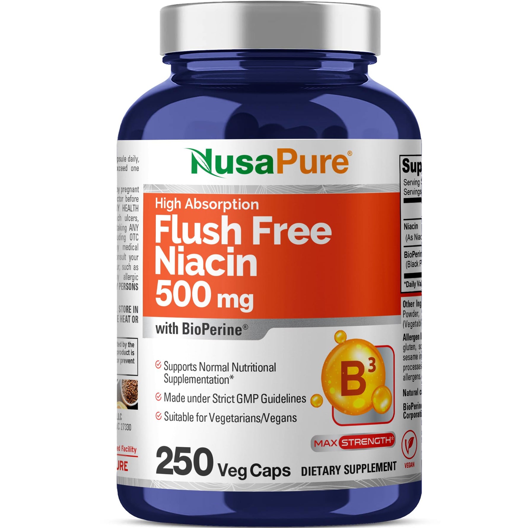 NusaPure FUSH Free Niacin - Suitable for Vegetarian/Vegan, Non - GMO - 500 mg - 250 Capsules