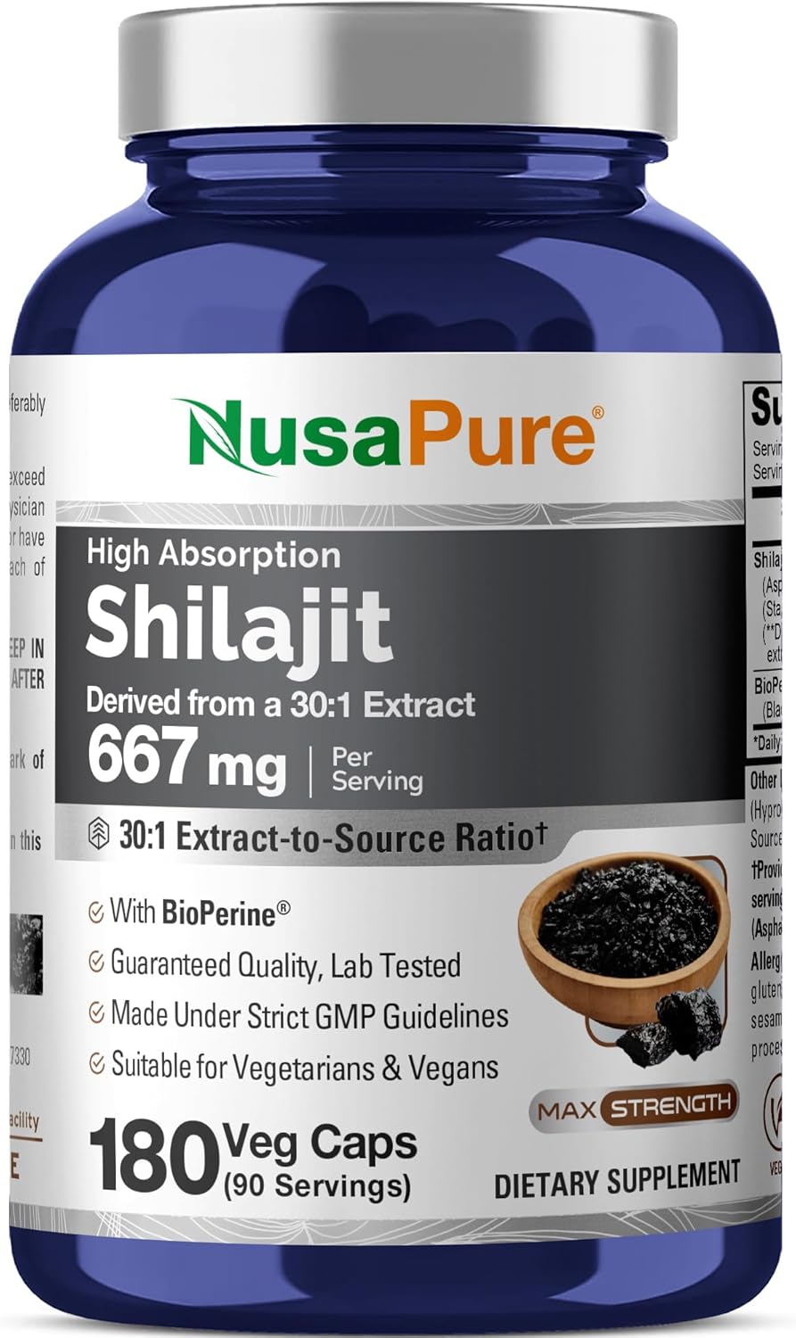 NusaPure Shilajit 667mg per Serving, 180 Veggie Caps, Non-GMO, Gluten Free, Bioperine