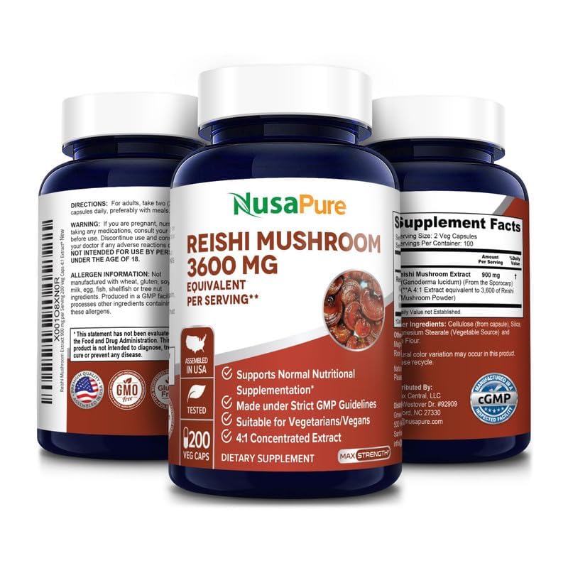 NusaPure Reishi Mushroom 4:1 Extract, 900 mg per Capsule 200 Veggie Caps Vegan, Non-GMO, Gluten-Free