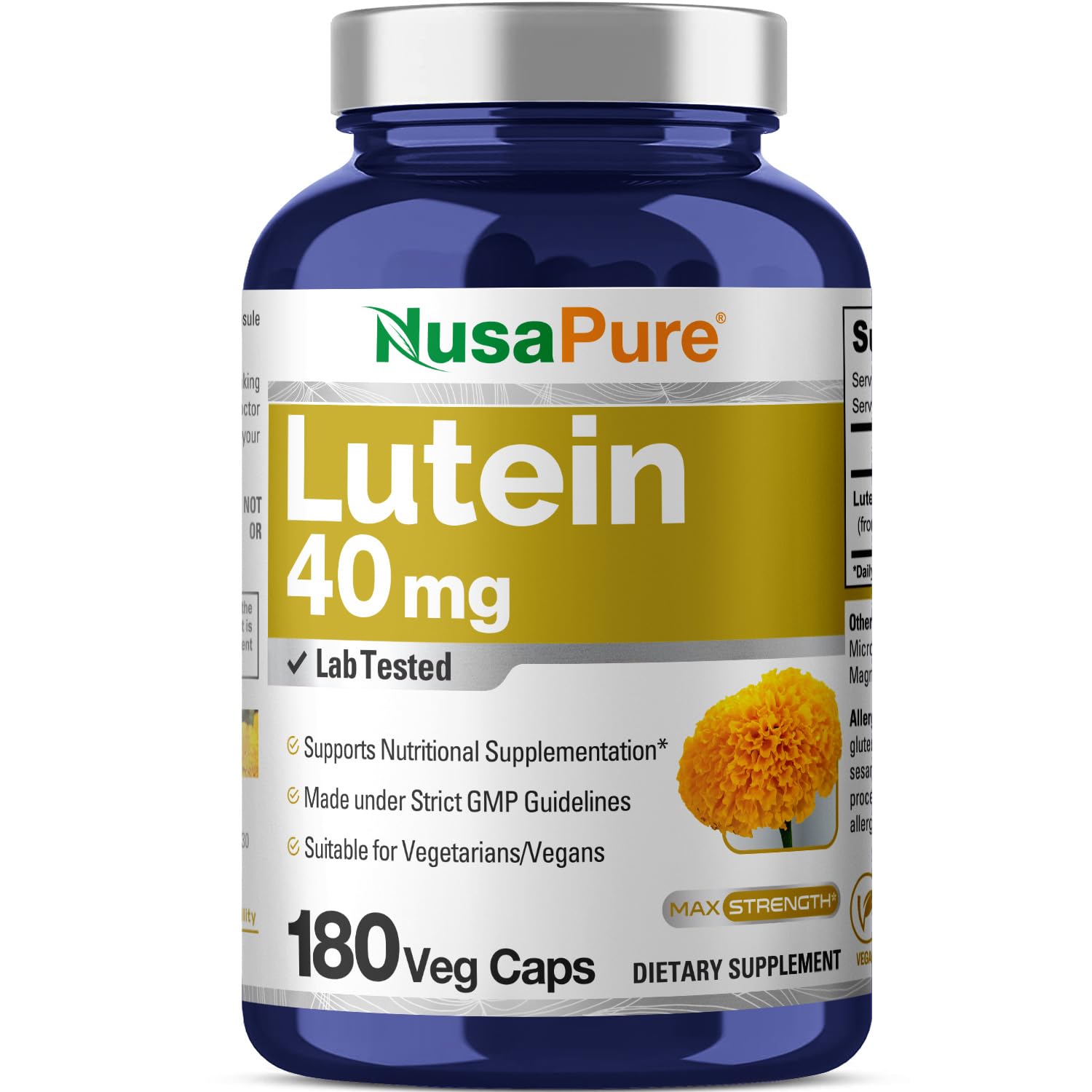 NusasPure Lutein - Suitable for Vegetarian/Vegan, Non - GMO - 40 mg - 180 Capsules