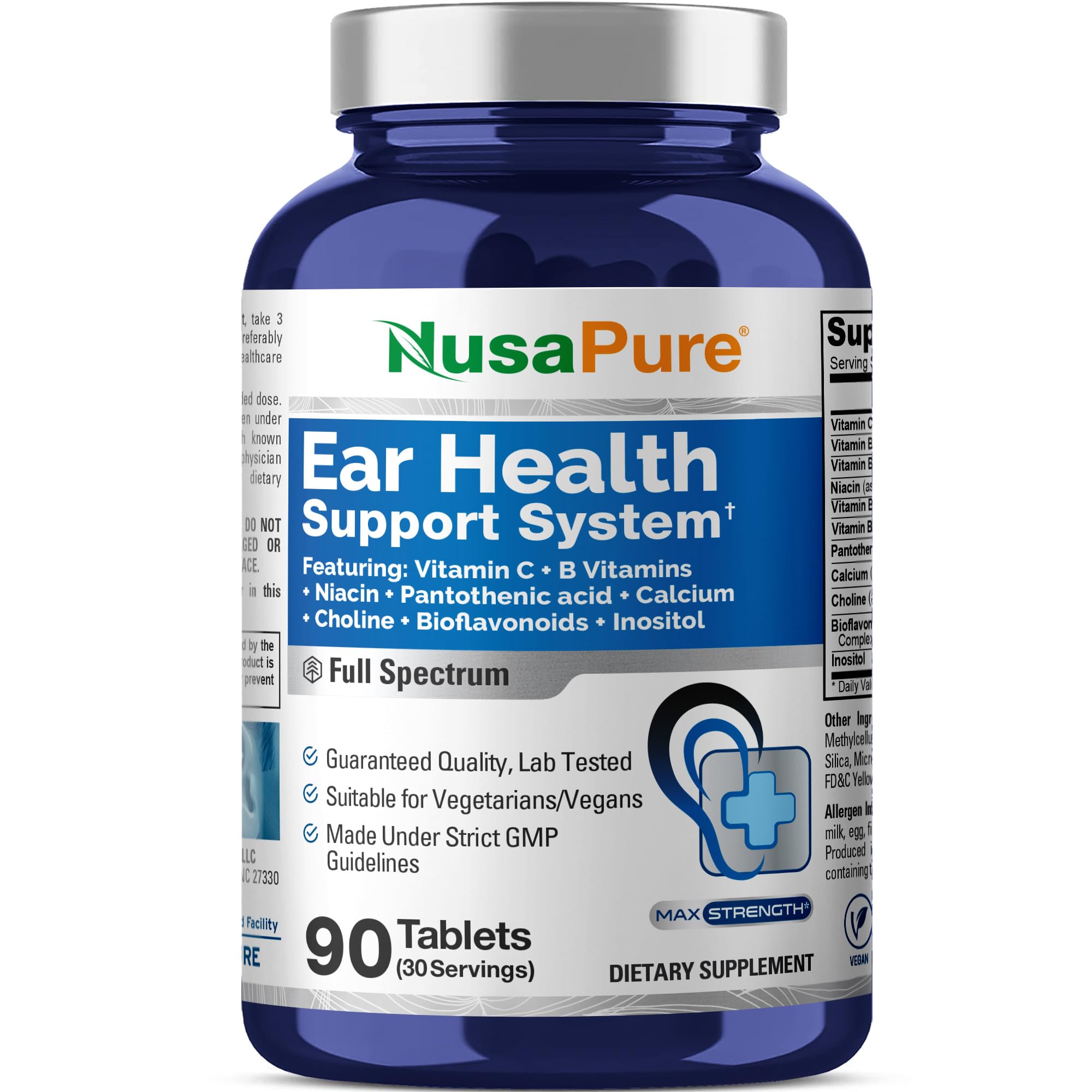 NusaPure Ear Health Support System – Vitamin C, B Vitamins, Niacin, Pantothenic Acid, Calcium, Choline, Bioflavonoids & Inositol – 90 Vegetarian Tablets – GMP Quality & Vegan – Lab Tested