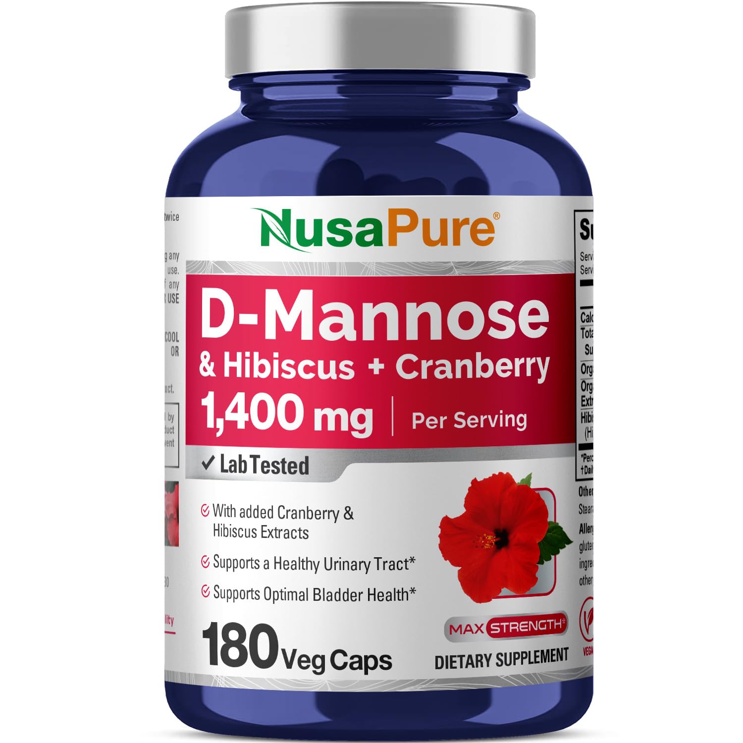 NusaPure D-Mannose Complex 1400 mg (with Hibiscus and Cranberry) - 180 Veggie Caps.