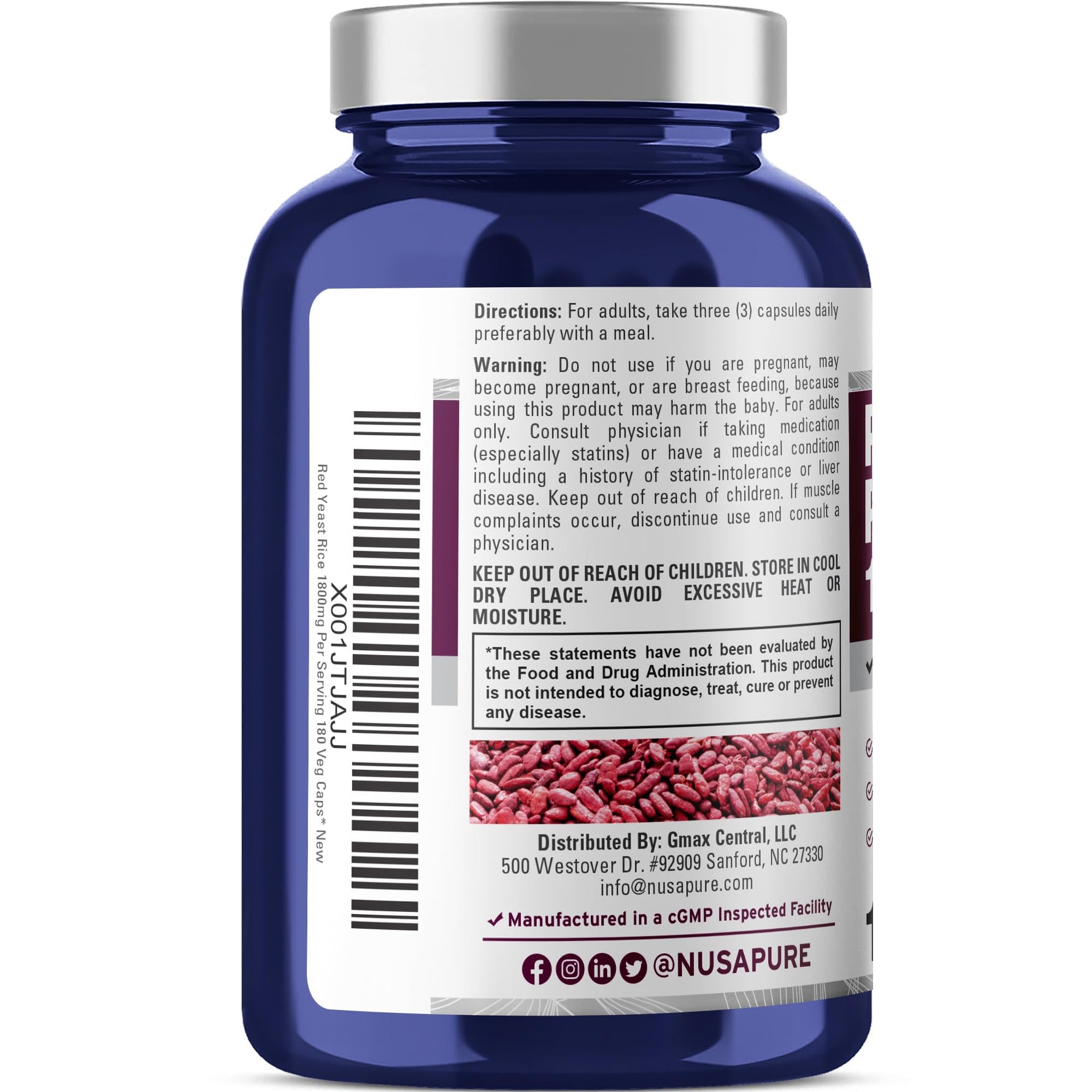 NusaPure Red Yeast Rice 1800mg 180 Veggie Capsules (Non-GMO, Vegan)