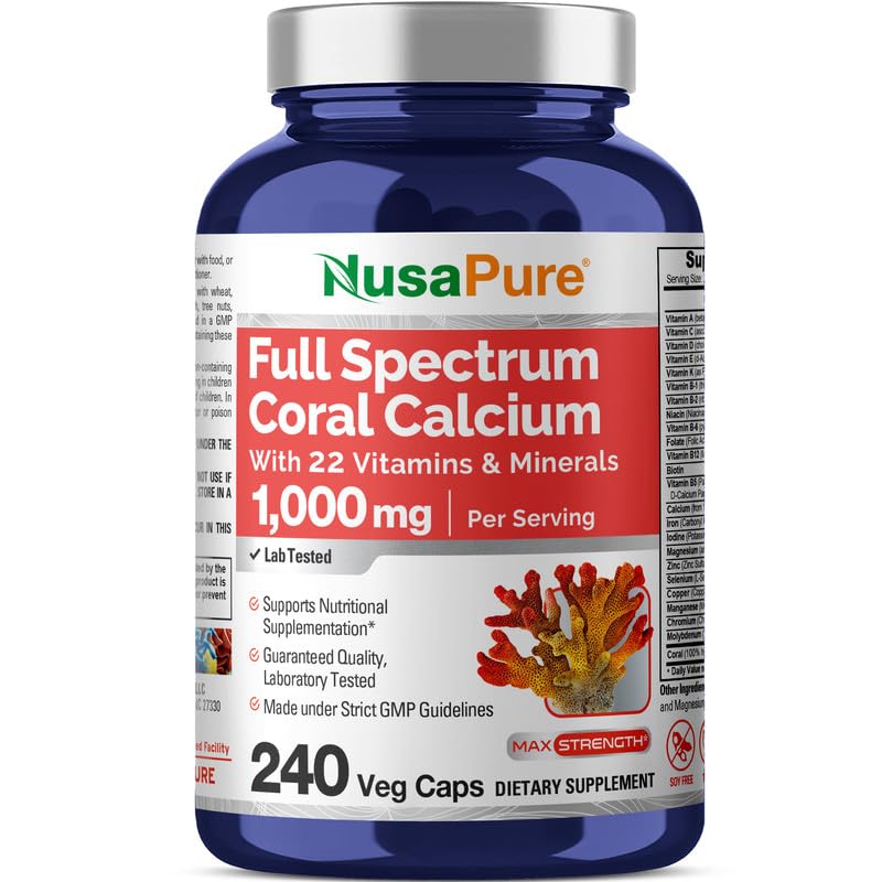NusaPure Coral Calcium with 22 Vitamins & Minerals, Non- GMO - 1000 mg - 240 Caps