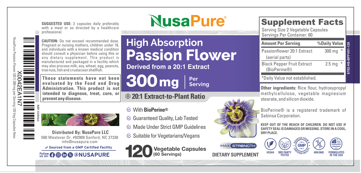 NusaPure Passion Flower 20:1 Extract, 300 mg, 120 Veggie Caps, Non-GMO, Bioperine, Extract Supplement