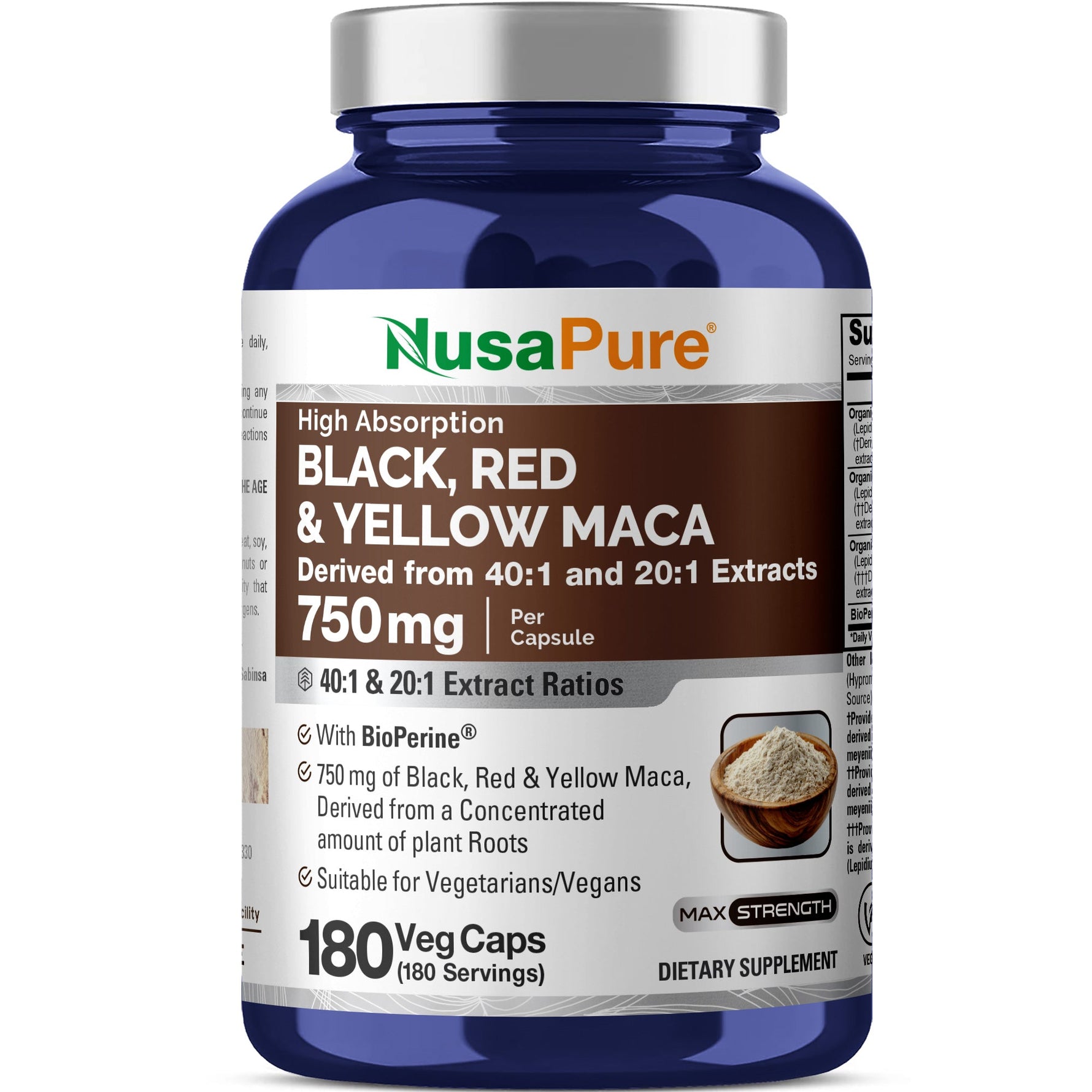 NusaPure Maca Root Black, Red, Yellow 750mg - 180 Vegan Capsules (Vegan,Non-GMO, Gluten Free) Bioperine