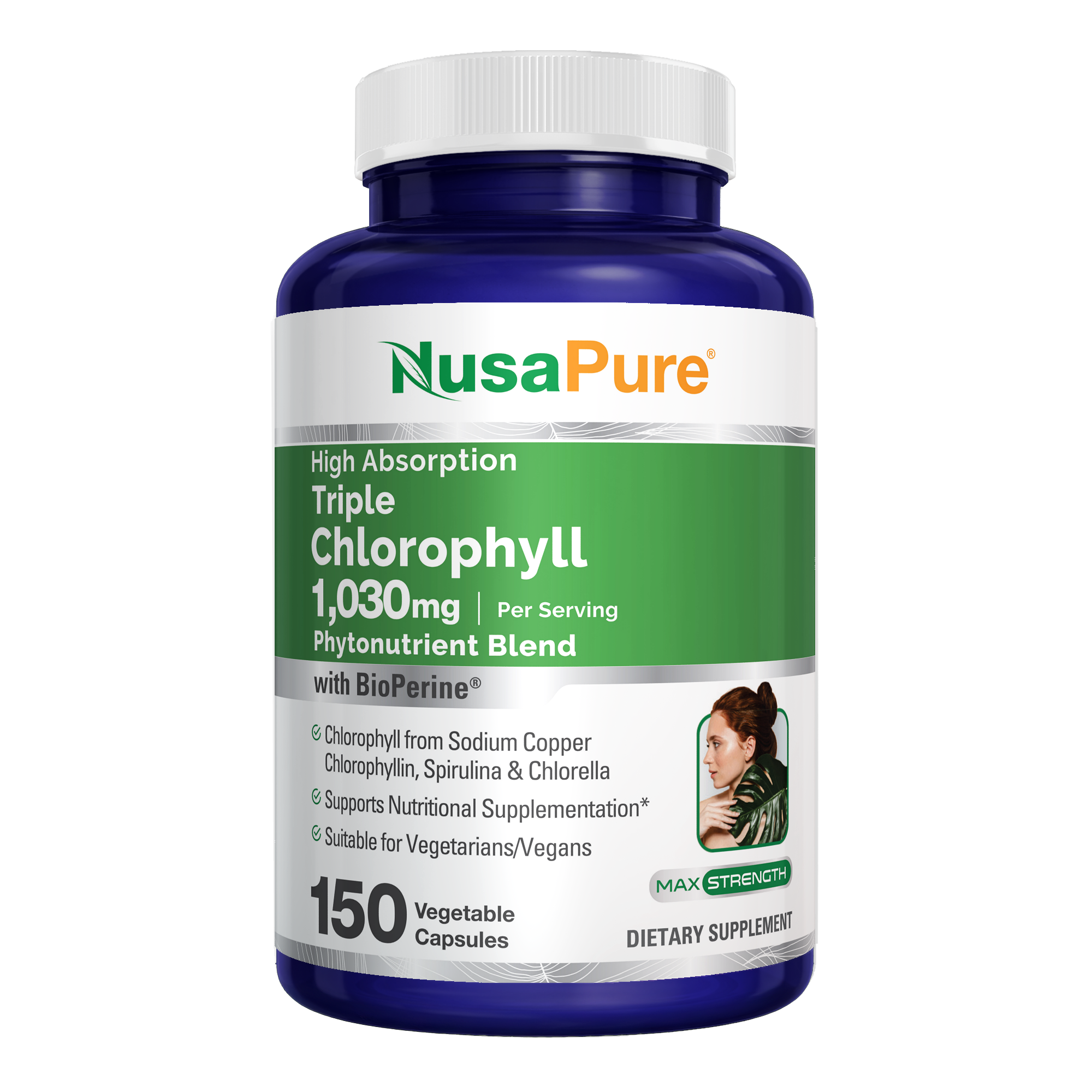 NusaPure High Absorption Triple Chlorophyll 1000 mg 150 Veg Caps Suitable for Vegetarians and Vegans, Non-GMO