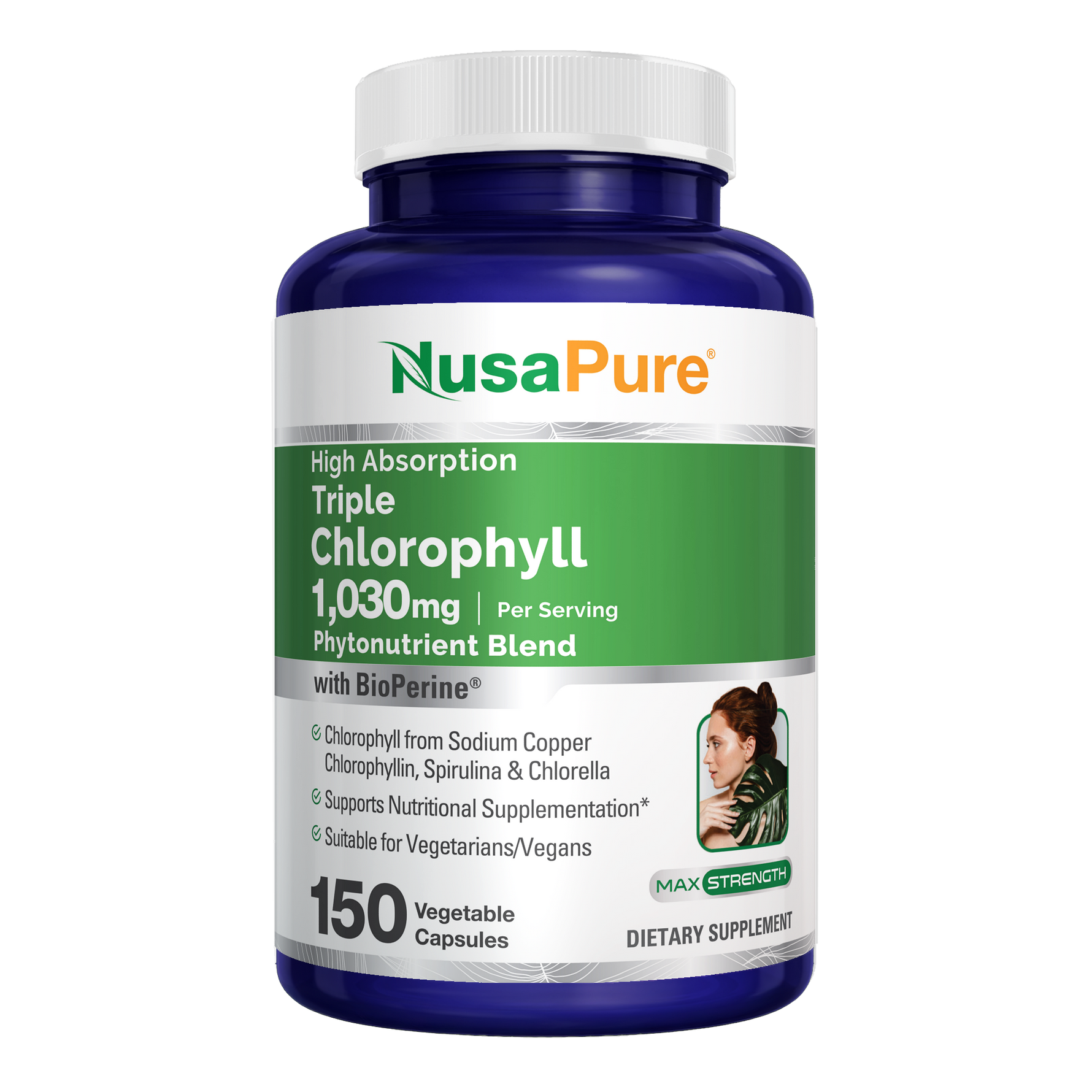 NusaPure High Absorption Triple Chlorophyll 1000 mg 150 Veg Caps Suitable for Vegetarians and Vegans, Non-GMO