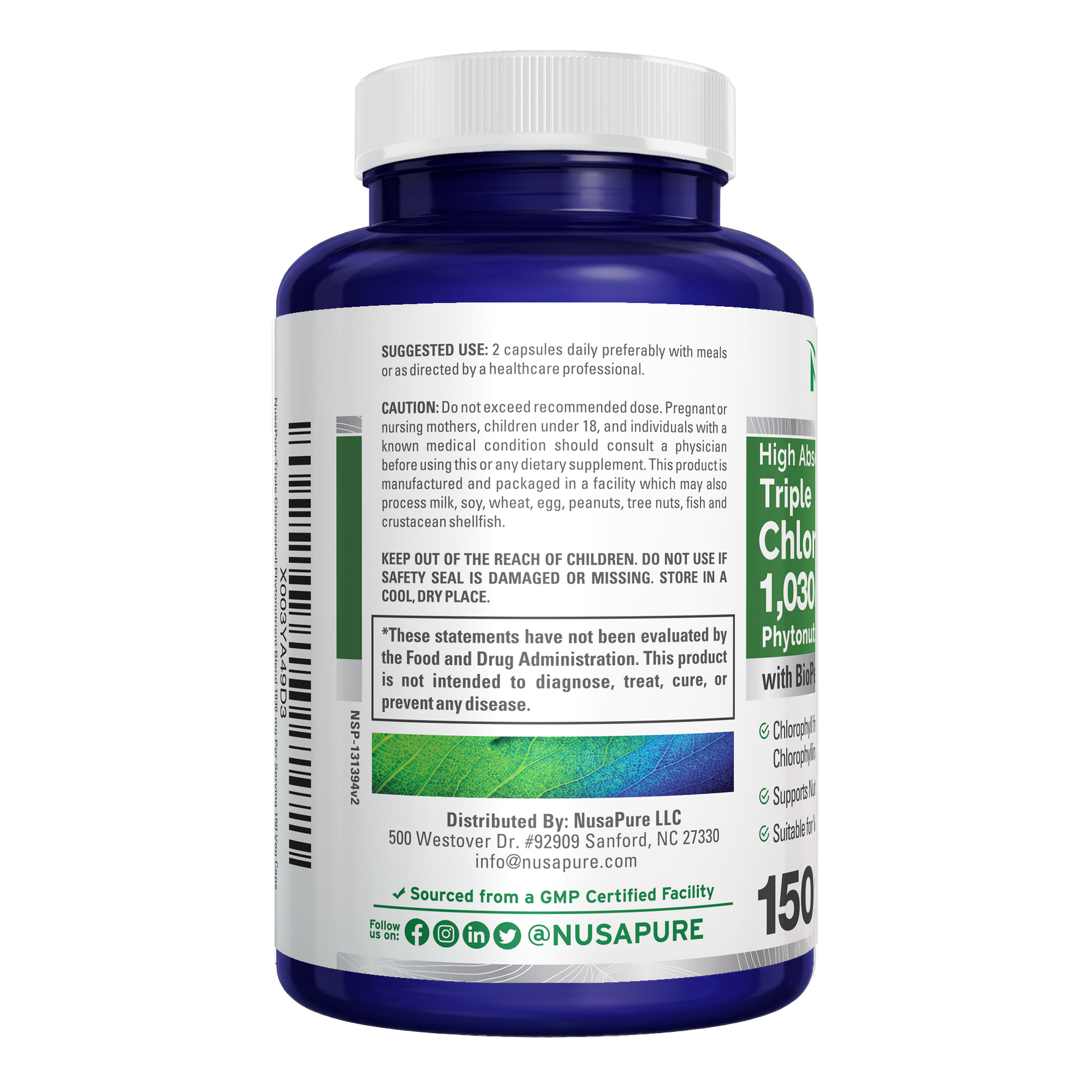 NusaPure High Absorption Triple Chlorophyll 1000 mg 150 Veg Caps Suitable for Vegetarians and Vegans, Non-GMO