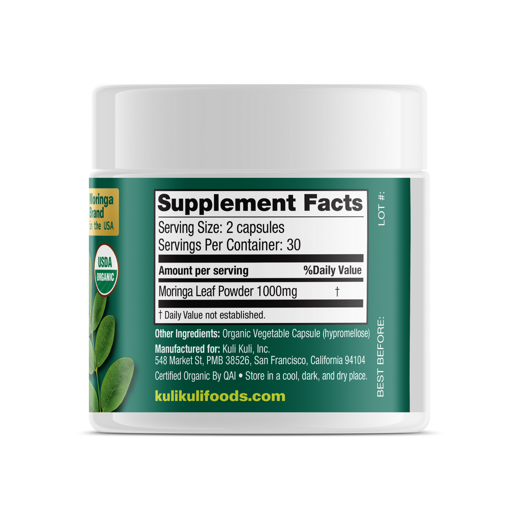 Organic Pure Moringa Powder Capsules (60-Count)
