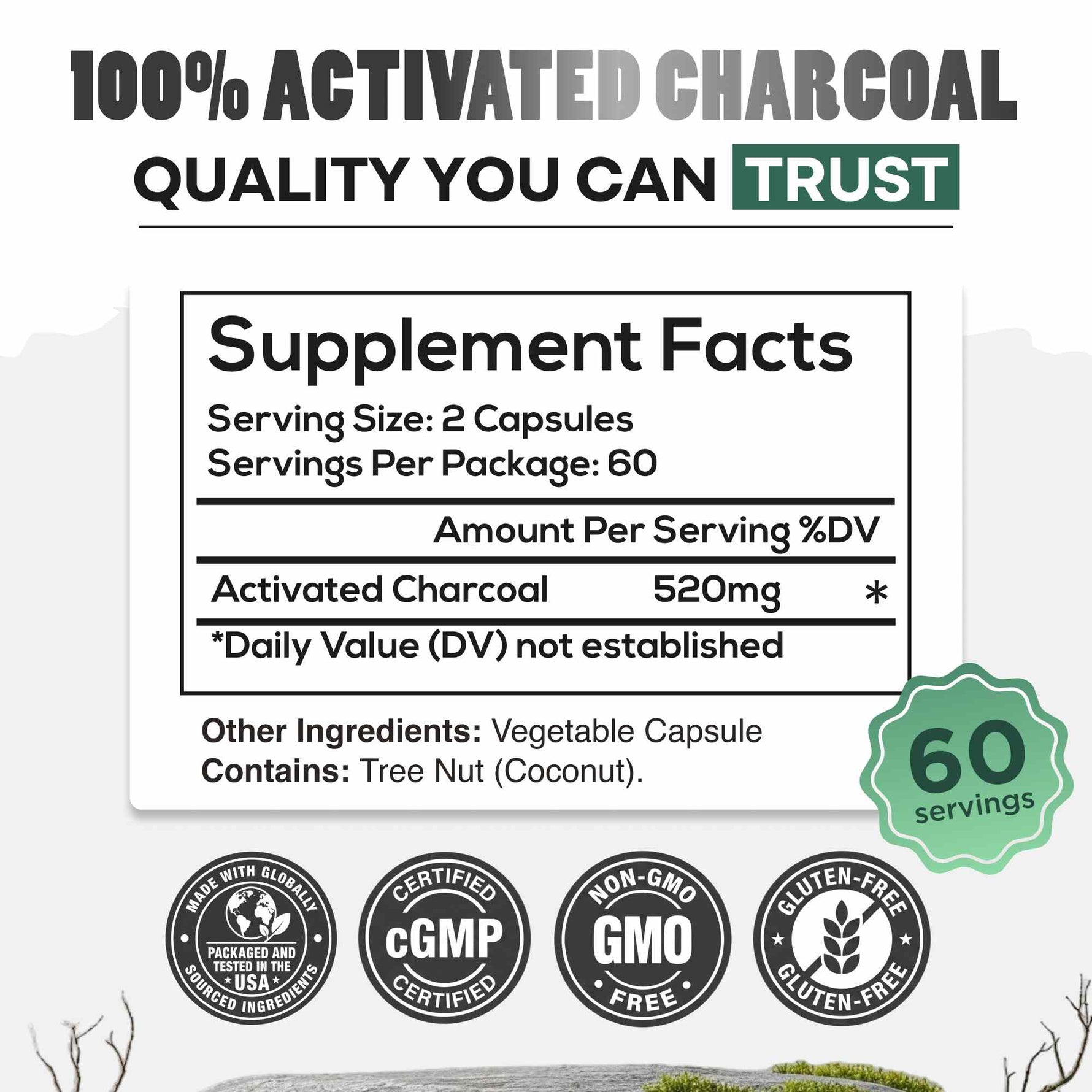 Activated Charcoal Capsules, 60 servings - Made from 100% Organic Coconuts