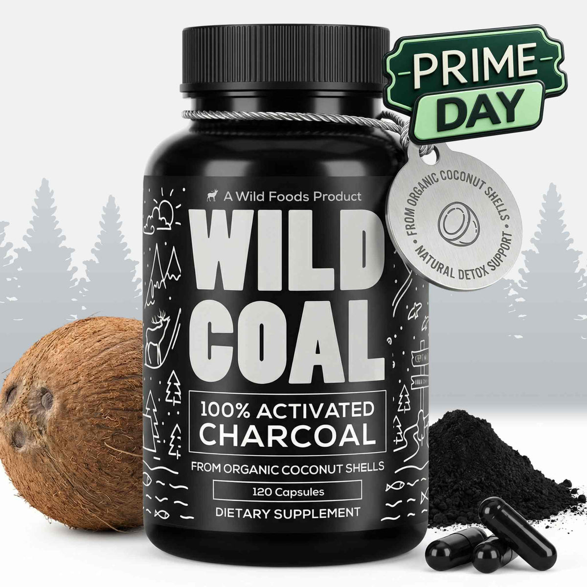 Activated Charcoal Capsules, 60 servings - Made from 100% Organic Coconuts