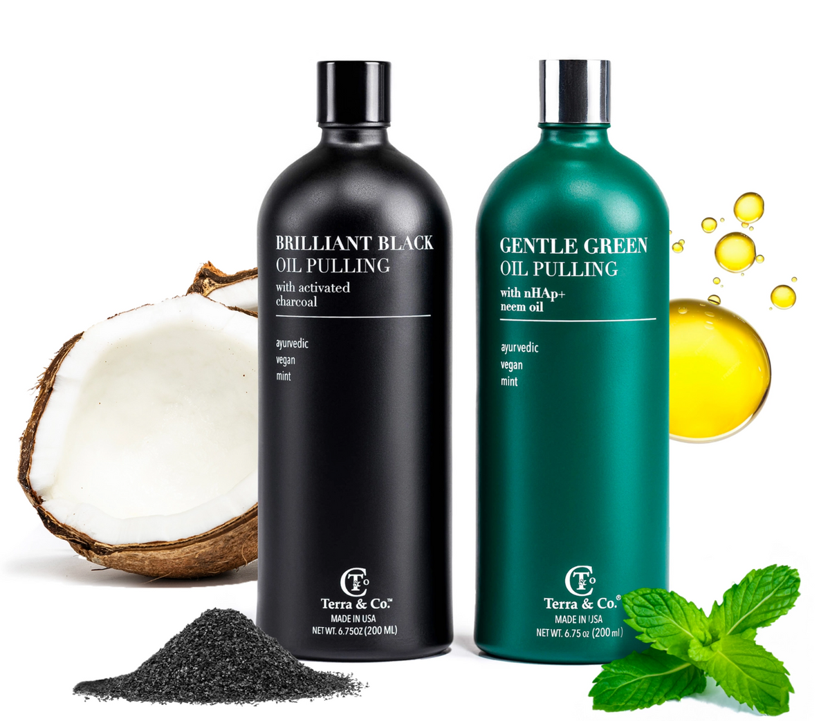 Terra & Co. Ayurvedic Oil Pulling Set: Charcoal Whitening + Nano-Hydroxyapatite Enamel Oil, 2 x 6.75 oz
