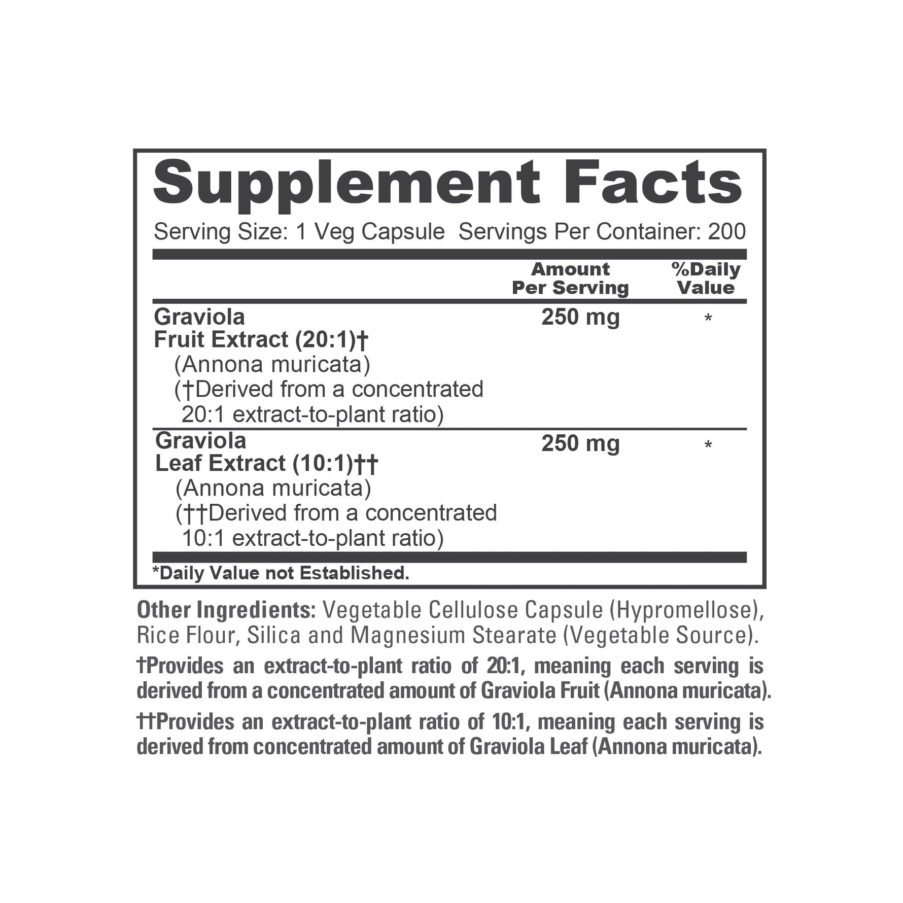 NusaPure Graviola 20:1 & 10:1 Extract 500mg - Suitable for Vegetarian/Vegan, Non- GMO - 200 Capsules