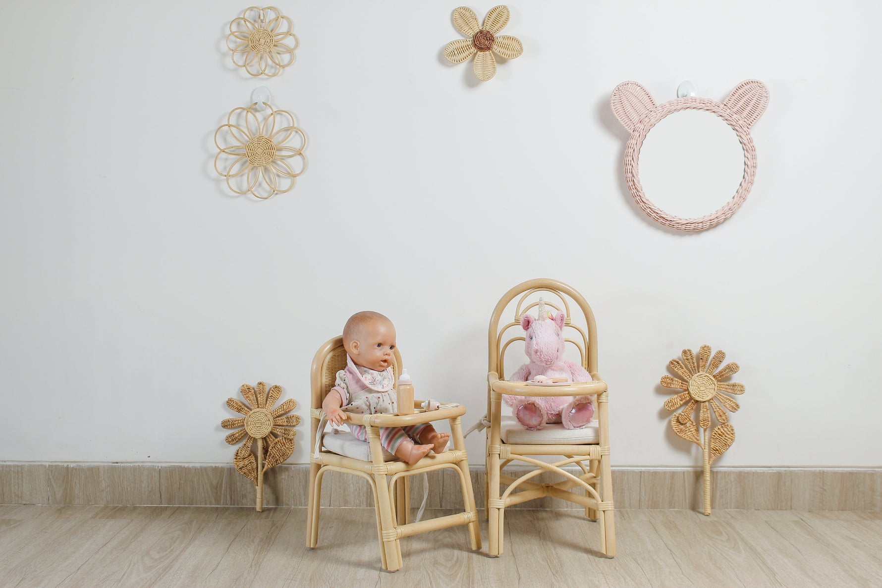 Kids Pink Rattan Teddy Bear Wall Mirror – Baby Girl Nursery & Kids Room Décor Gift