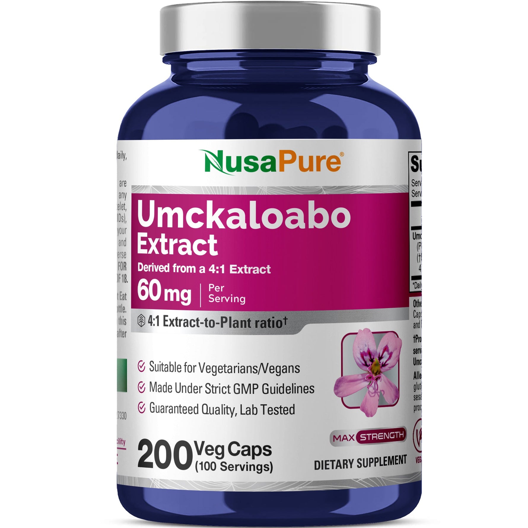 NusaPure Umckaloabo 4:1 Extract, 60 mg Veggie Caps 200 Count (Non-GMO, Vegan)