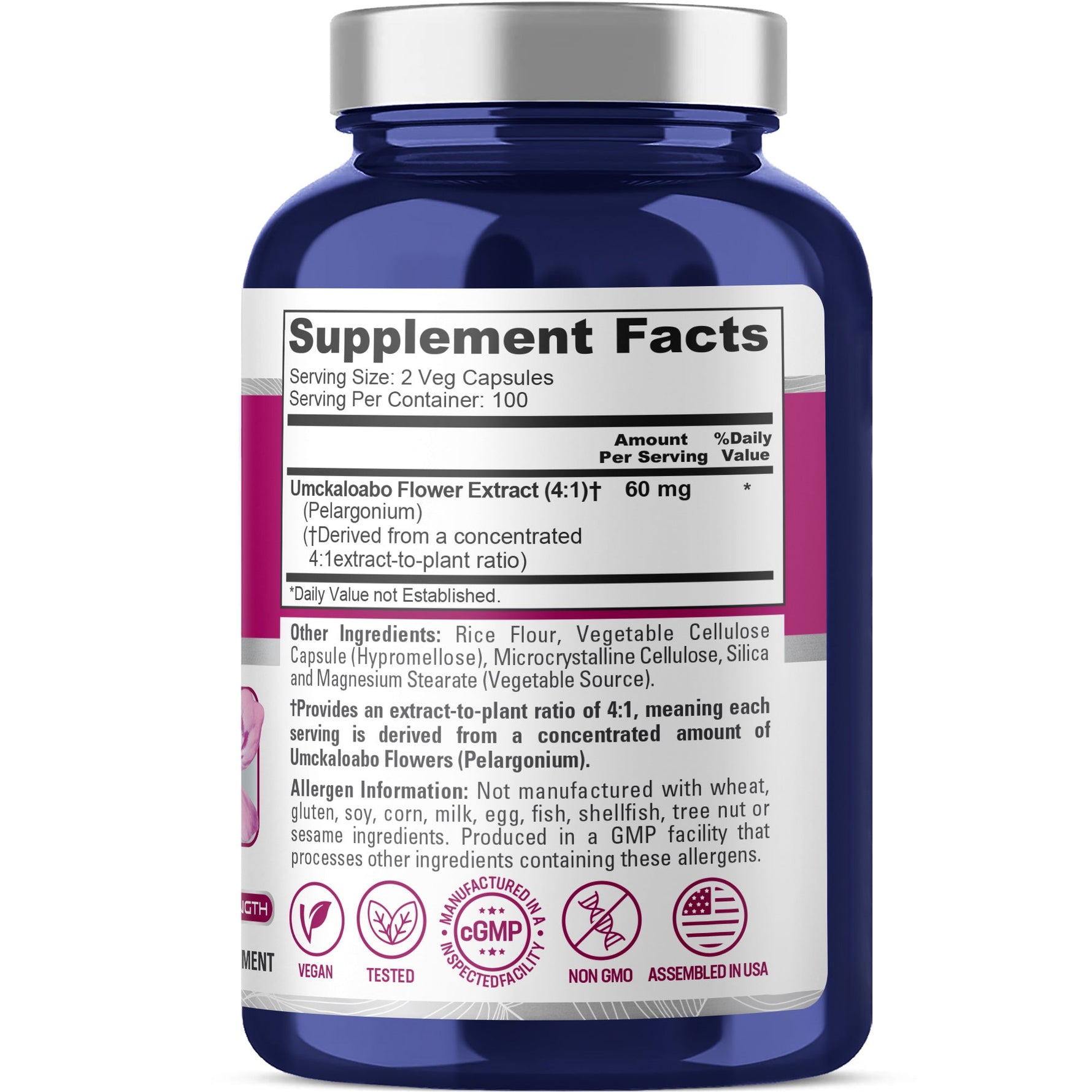 NusaPure Umckaloabo 4:1 Extract, 60 mg Veggie Caps 200 Count (Non-GMO, Vegan)