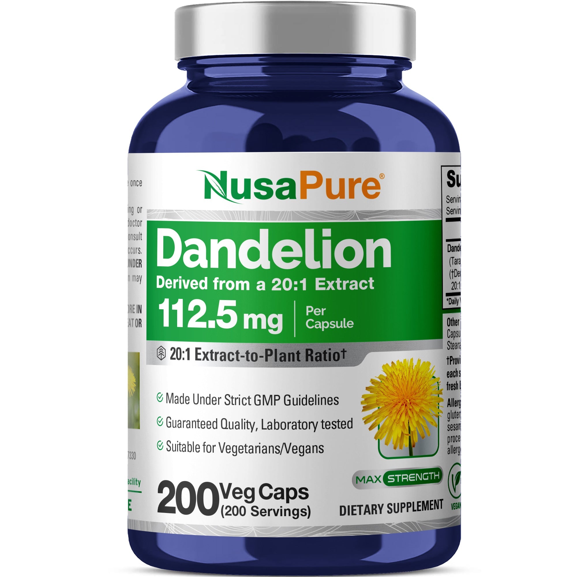 NusaPure Dandelion Root 20:1 Extract, 112.5 mg 200 Veggie Capsules (Non-GMO, Vegan)